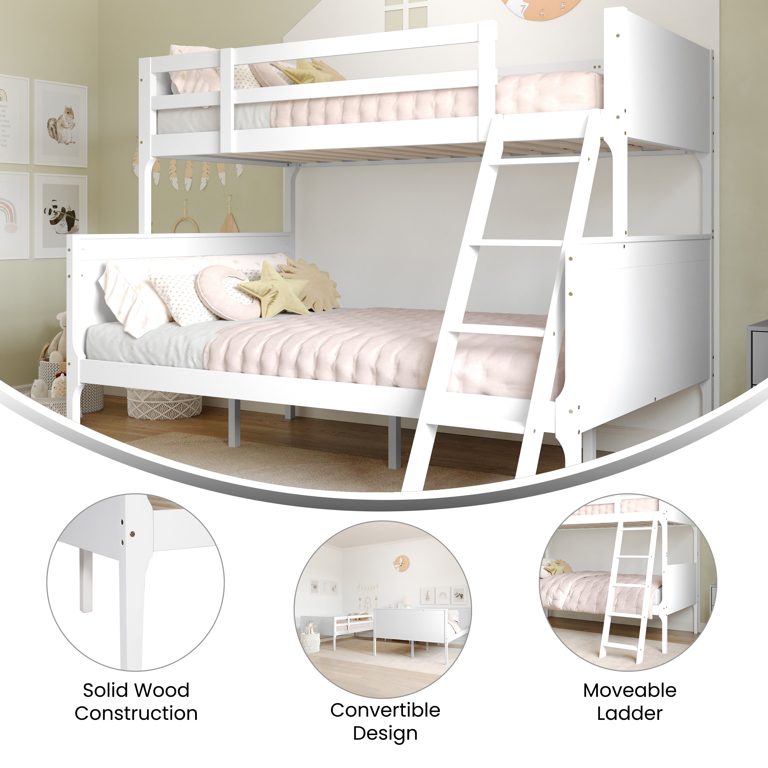 Dallas Bunk Bed Twin Over Full, Convertible Slatted Solid Wood Bunk Bed Frame with Ladder for Kids, No Box Spring Needed in White