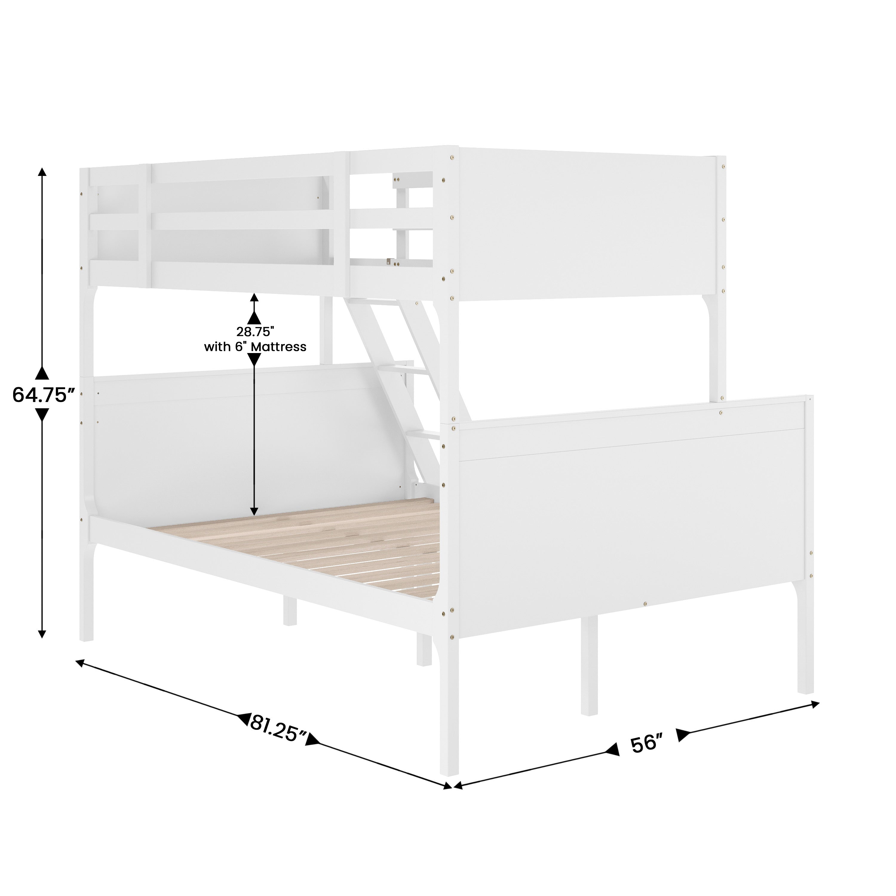 Dallas Bunk Bed Twin Over Full, Convertible Slatted Solid Wood Bunk Bed Frame with Ladder for Kids, No Box Spring Needed in White
