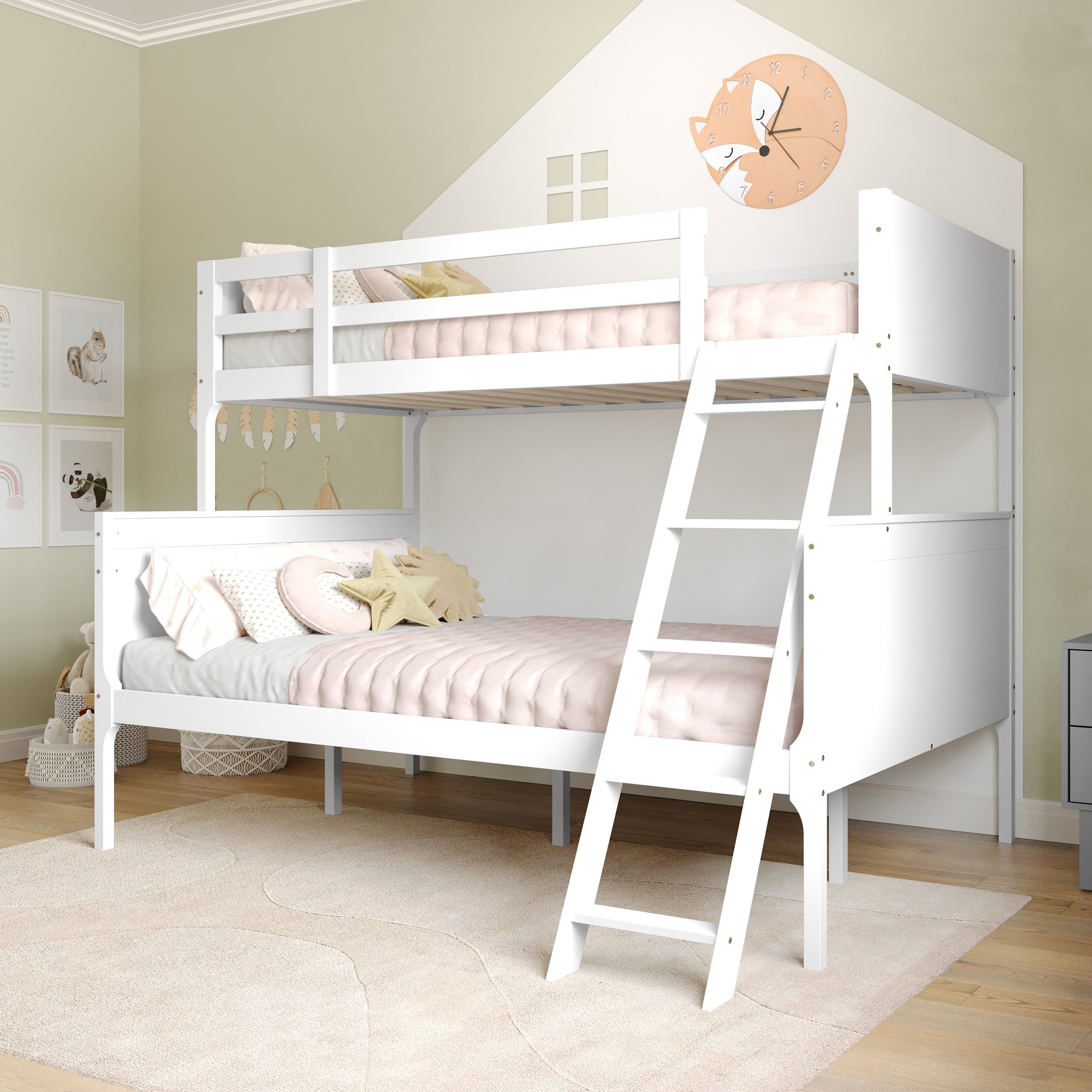 Dallas Bunk Bed Twin Over Full, Convertible Slatted Solid Wood Bunk Bed Frame with Ladder for Kids, No Box Spring Needed in White