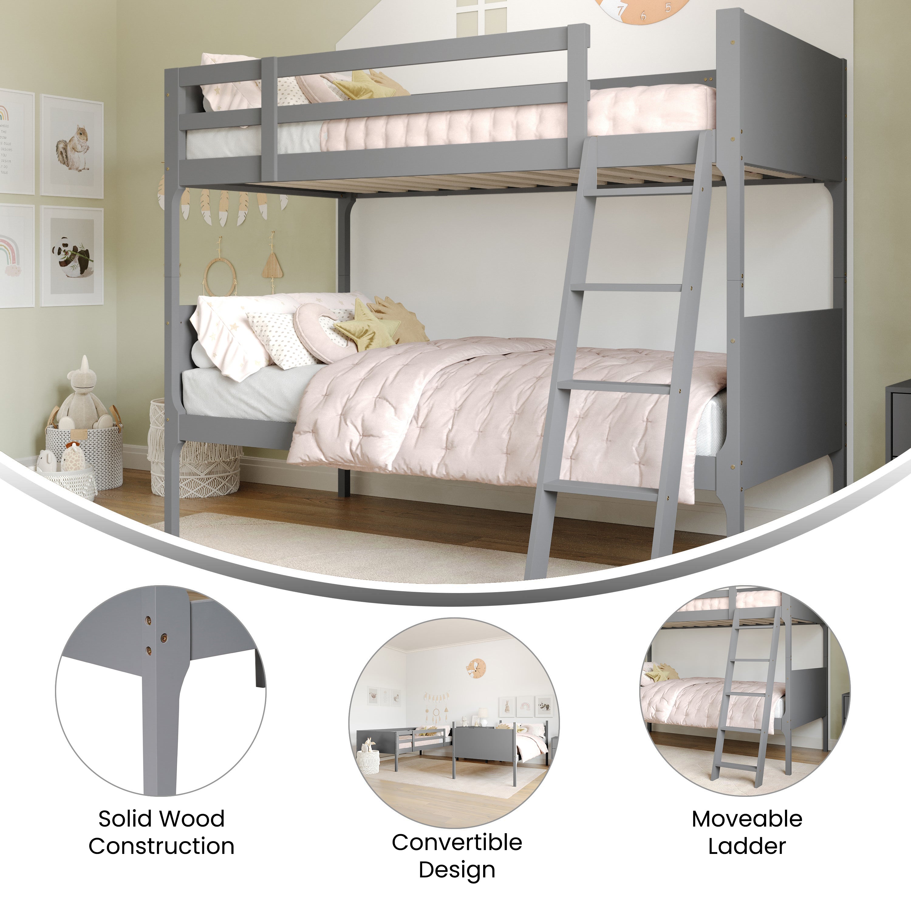 Dallas Bunk Bed Twin Over Twin, Convertible Slatted Solid Wood Bunk Bed Frame with Ladder for Kids, No Box Spring Needed in Gray