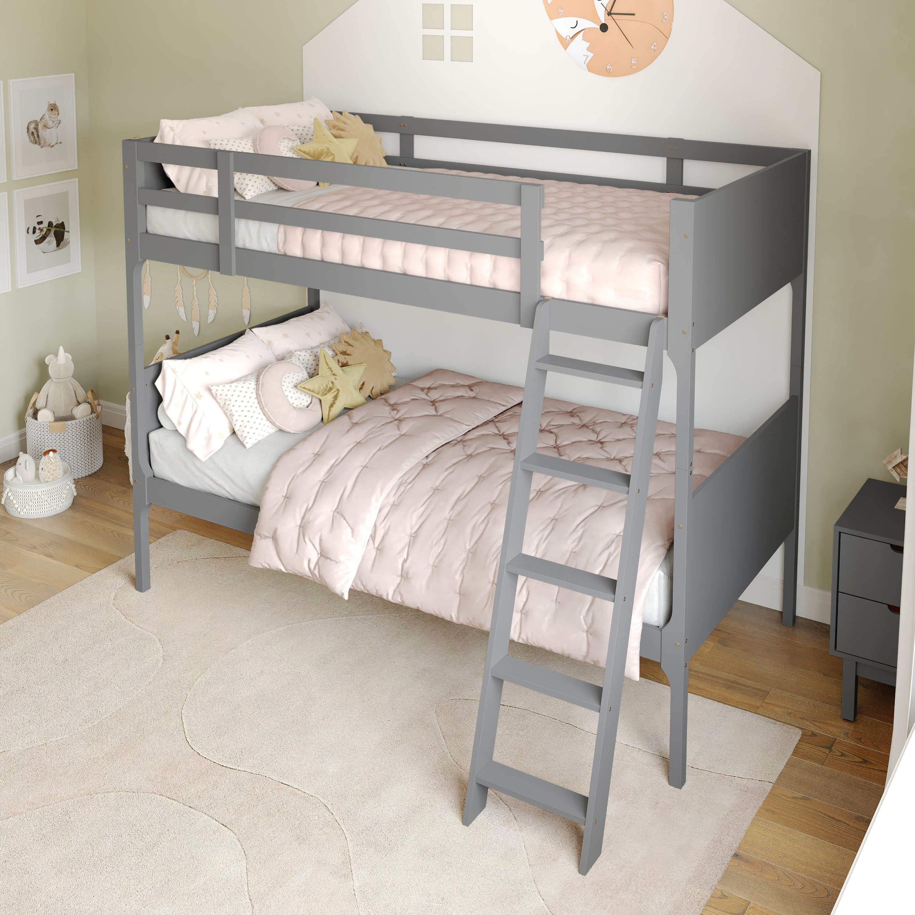 Dallas Bunk Bed Twin Over Twin, Convertible Slatted Solid Wood Bunk Bed Frame with Ladder for Kids, No Box Spring Needed in Gray