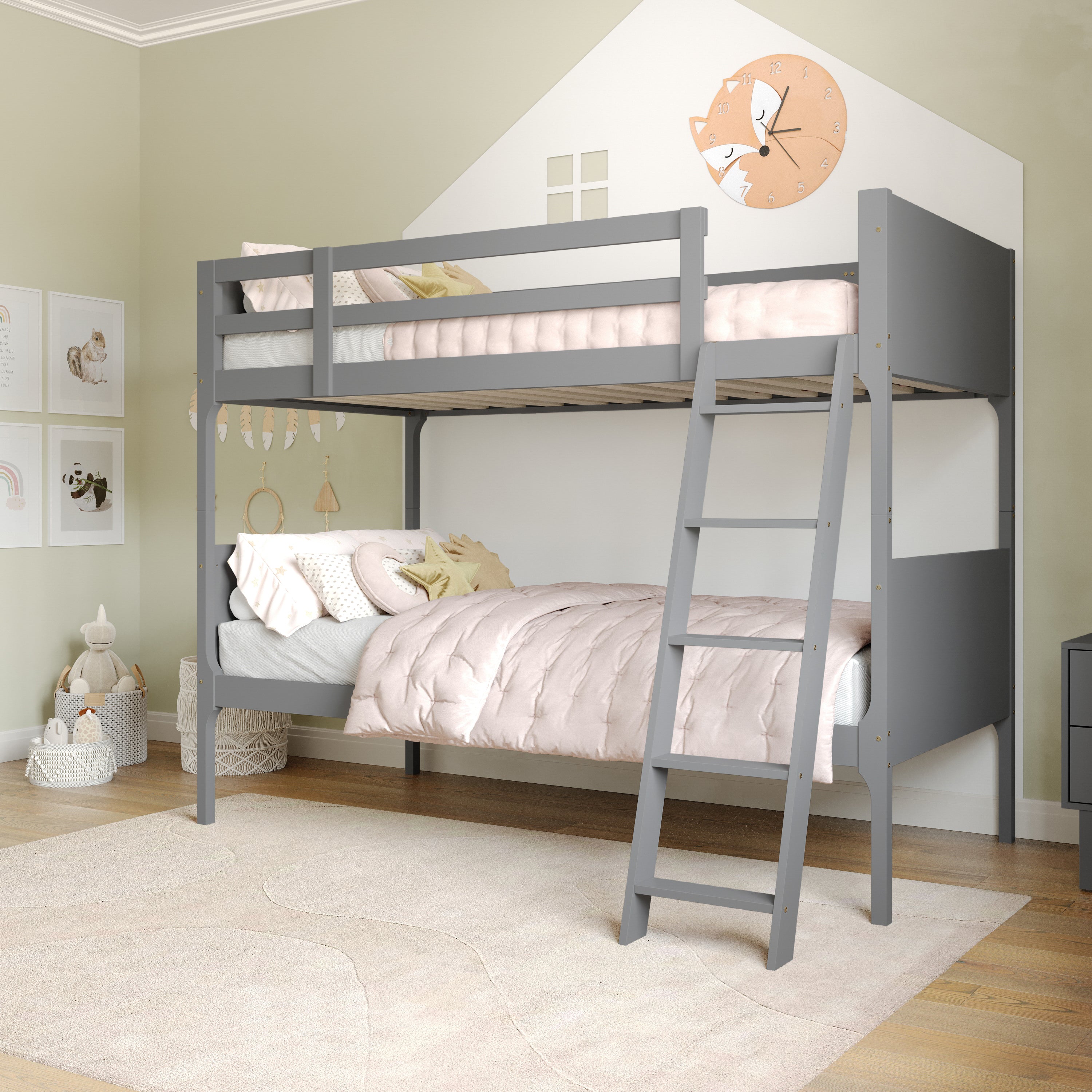 Dallas Bunk Bed Twin Over Twin, Convertible Slatted Solid Wood Bunk Bed Frame with Ladder for Kids, No Box Spring Needed in Gray