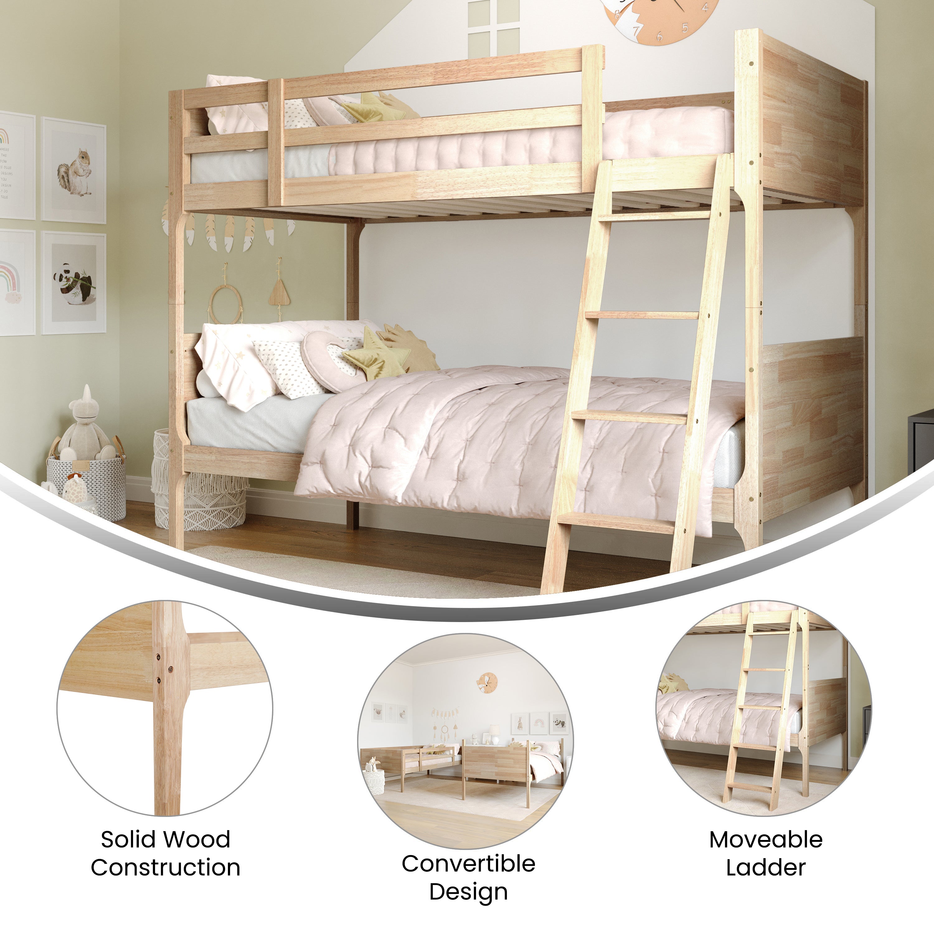 Dallas Bunk Bed Twin Over Twin, Convertible Slatted Solid Wood Bunk Bed Frame with Ladder for Kids, No Box Spring Needed in Natural