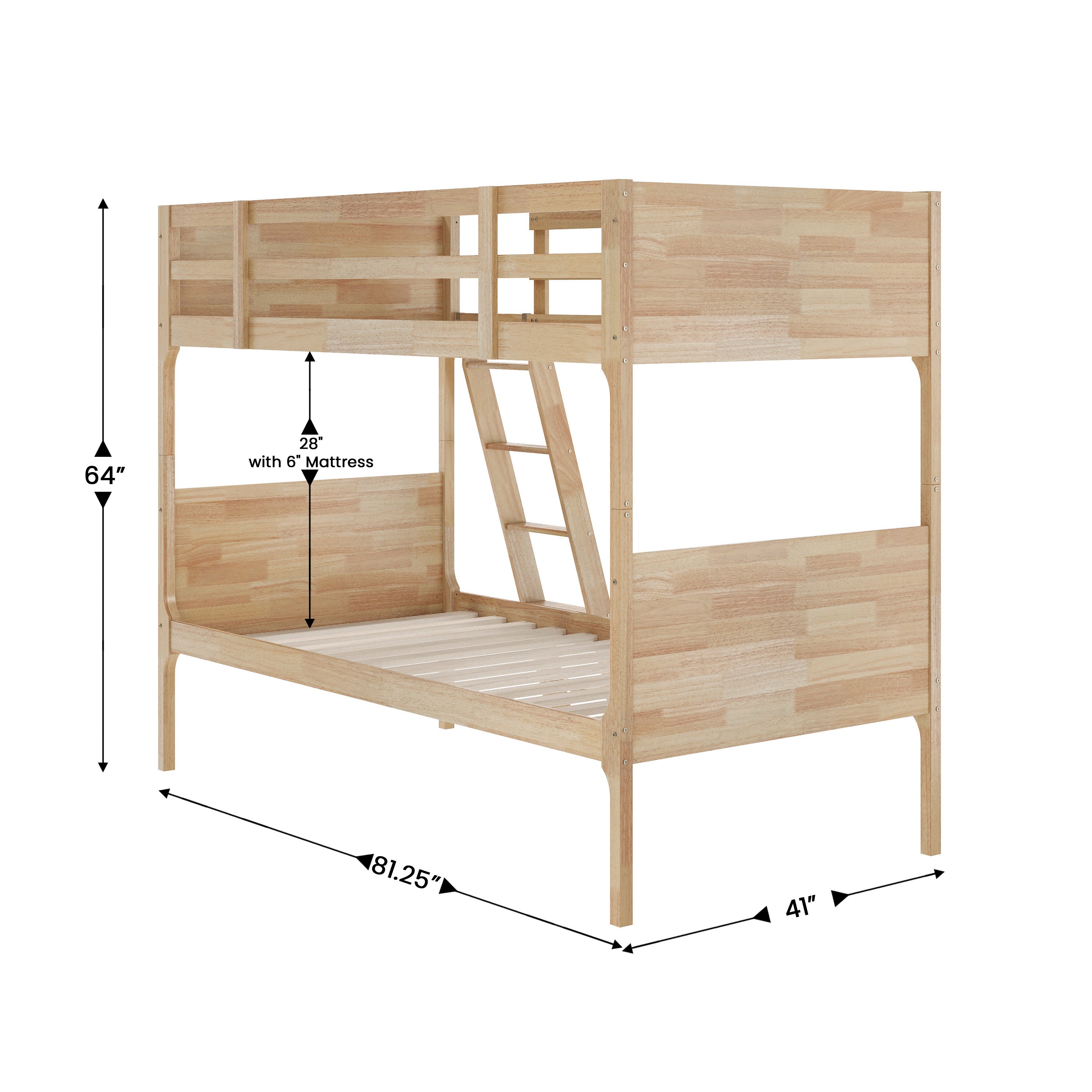 Dallas Bunk Bed Twin Over Twin, Convertible Slatted Solid Wood Bunk Bed Frame with Ladder for Kids, No Box Spring Needed in Natural