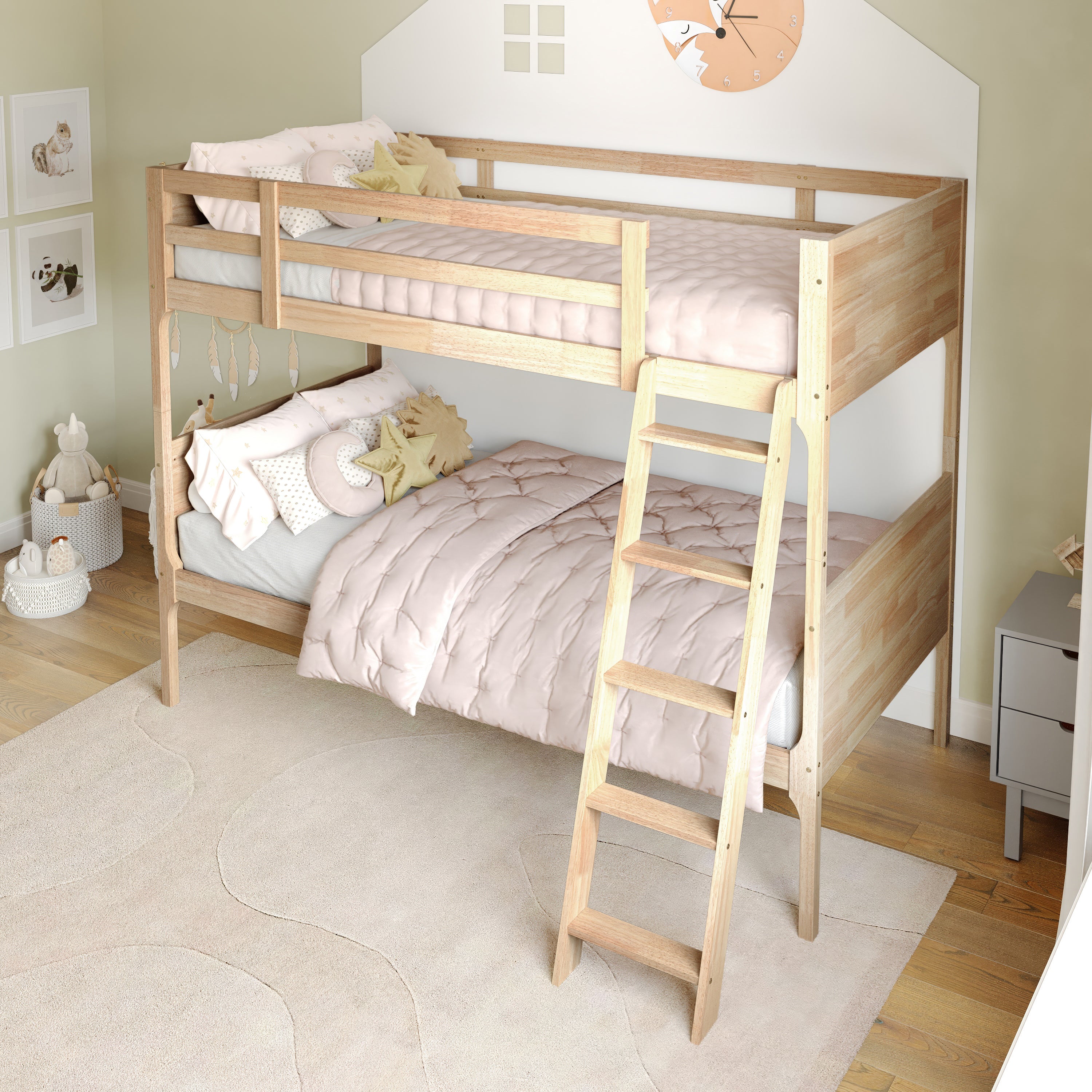 Dallas Bunk Bed Twin Over Twin, Convertible Slatted Solid Wood Bunk Bed Frame with Ladder for Kids, No Box Spring Needed in Natural