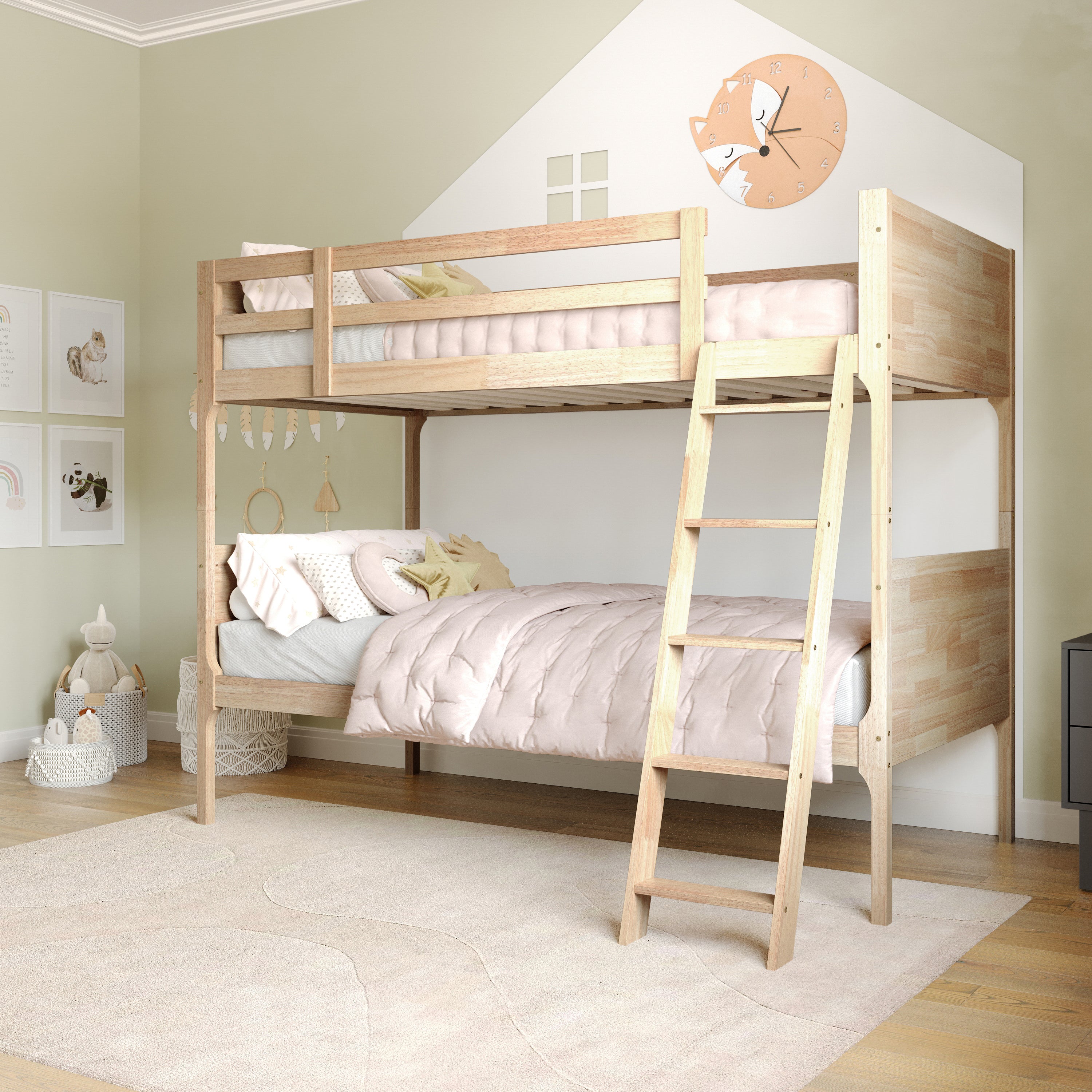 Dallas Bunk Bed Twin Over Twin, Convertible Slatted Solid Wood Bunk Bed Frame with Ladder for Kids, No Box Spring Needed in Natural