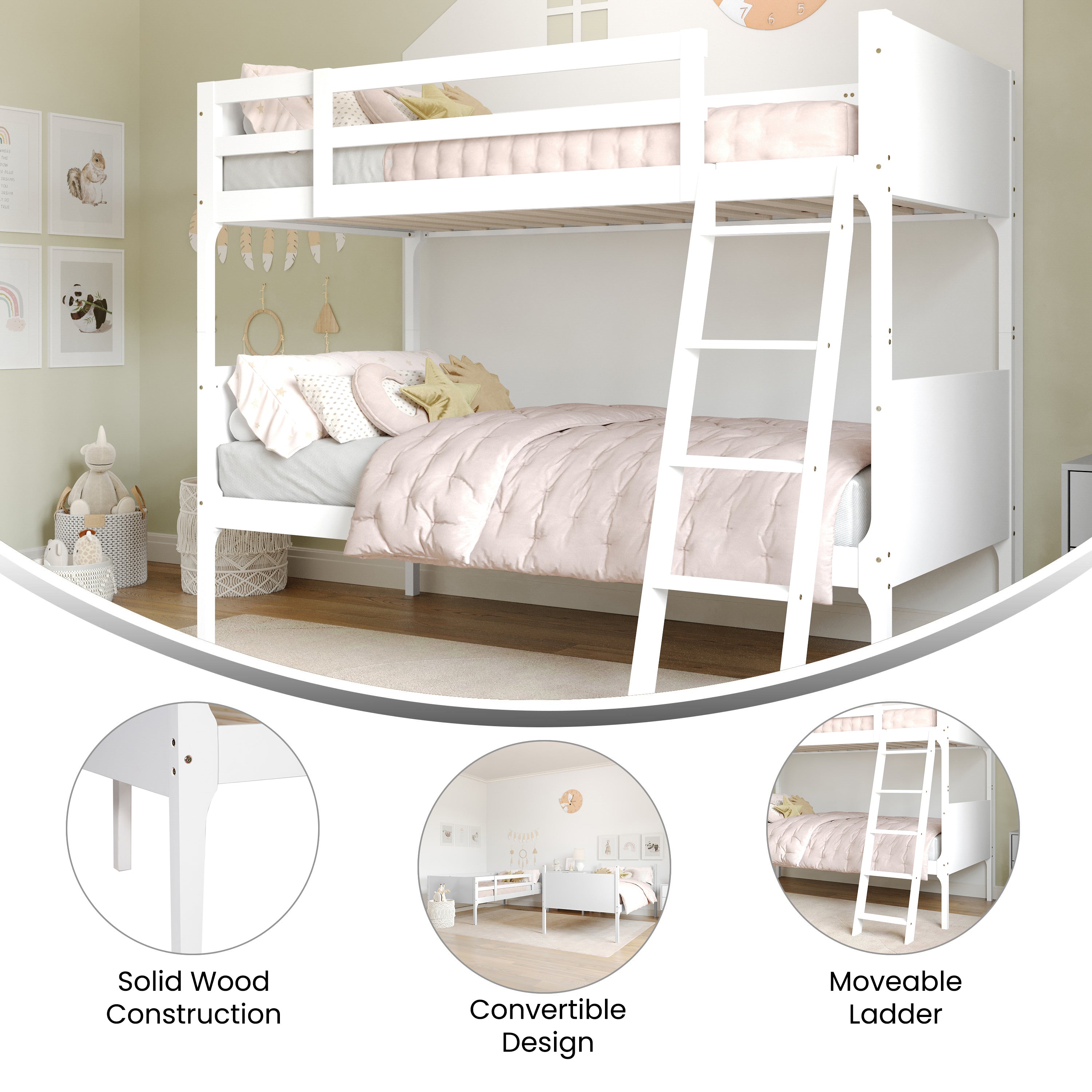 Dallas Bunk Bed Twin Over Twin, Convertible Slatted Solid Wood Bunk Bed Frame with Ladder for Kids, No Box Spring Needed in White