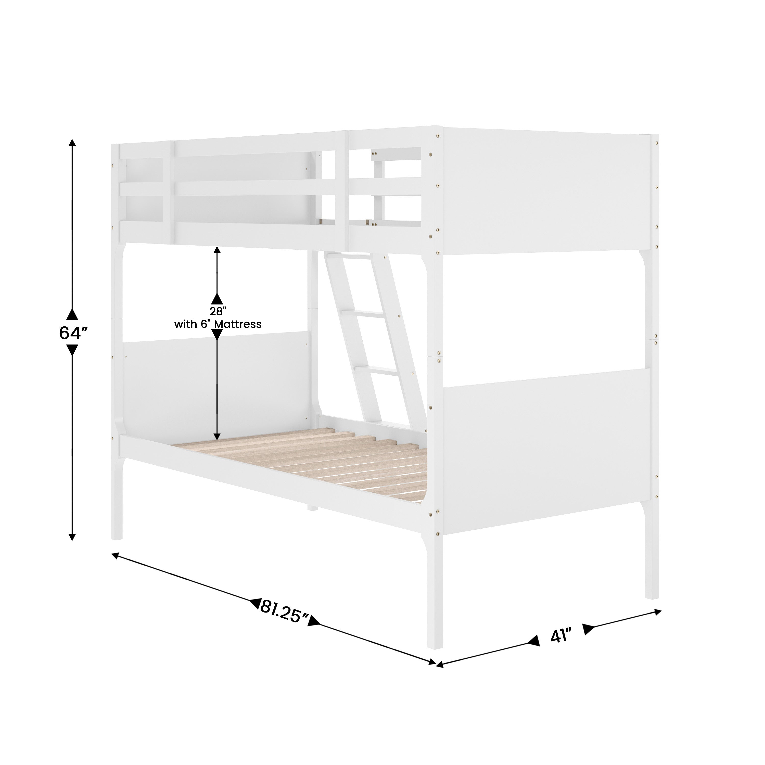 Dallas Bunk Bed Twin Over Twin, Convertible Slatted Solid Wood Bunk Bed Frame with Ladder for Kids, No Box Spring Needed in White
