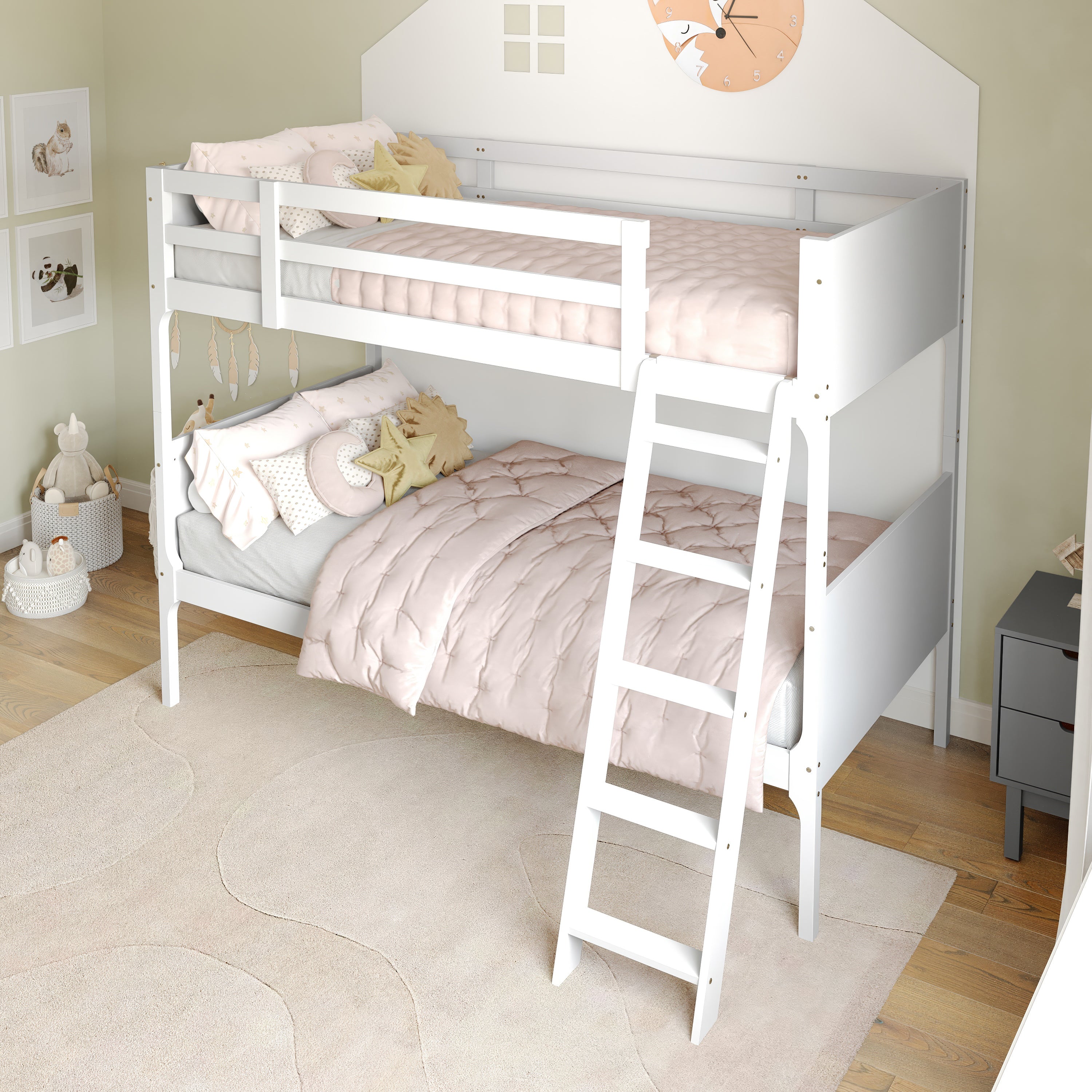 Dallas Bunk Bed Twin Over Twin, Convertible Slatted Solid Wood Bunk Bed Frame with Ladder for Kids, No Box Spring Needed in White