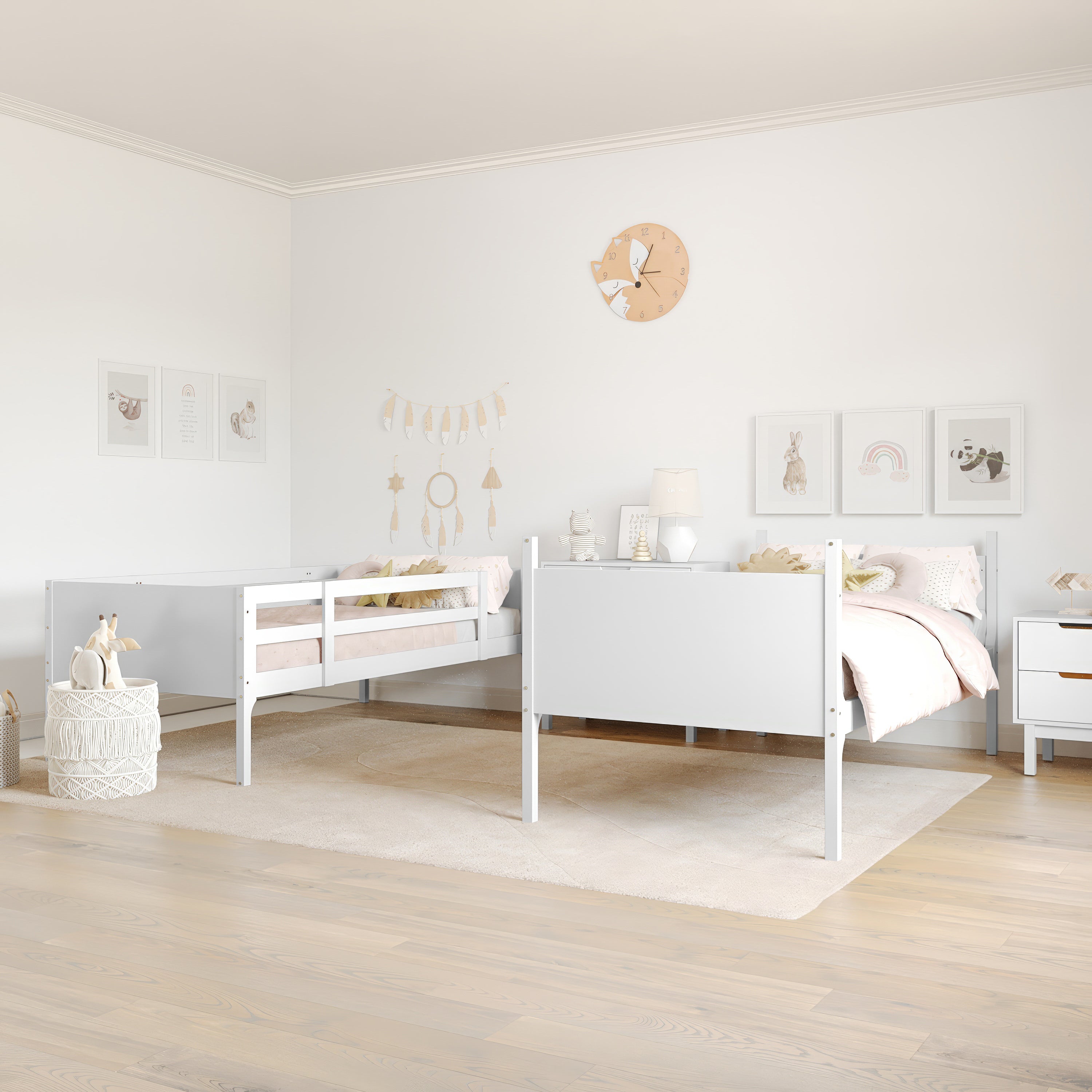 Dallas Bunk Bed Twin Over Twin, Convertible Slatted Solid Wood Bunk Bed Frame with Ladder for Kids, No Box Spring Needed in White