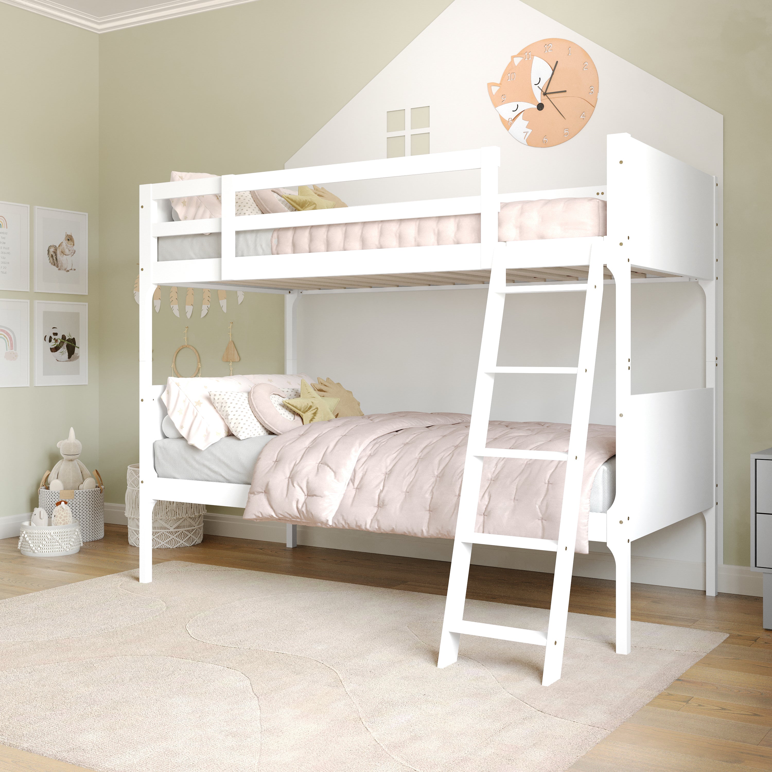 Dallas Bunk Bed Twin Over Twin, Convertible Slatted Solid Wood Bunk Bed Frame with Ladder for Kids, No Box Spring Needed in White