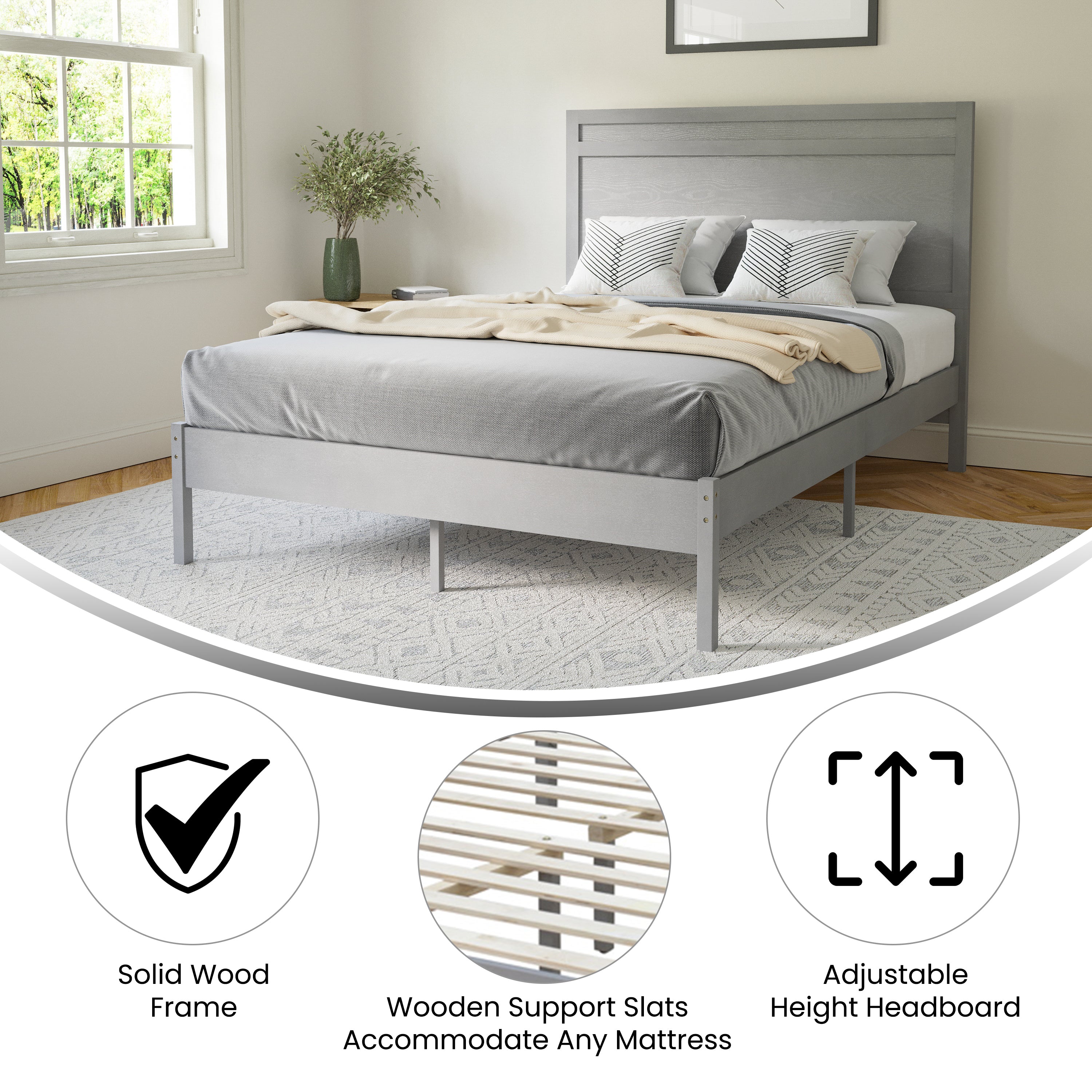 Kingston Full Size Solid Wood Platform Bed with Wooden Slats and Headboard, No Box Spring Needed, Gray