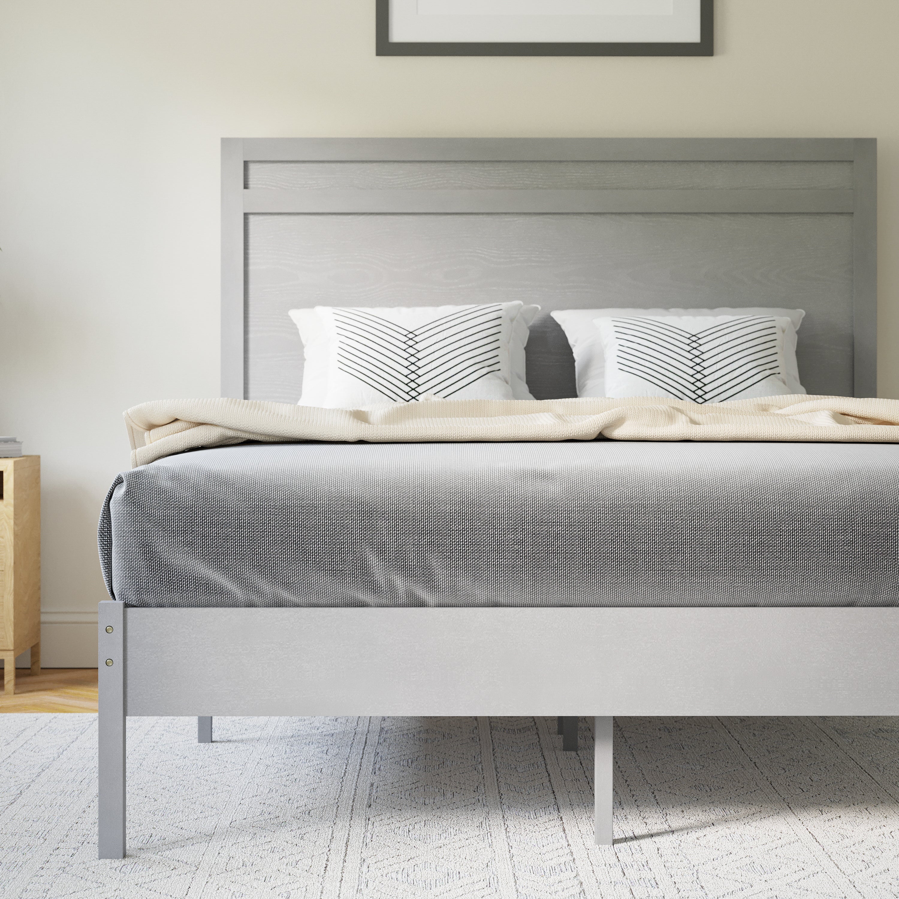 Kingston Full Size Solid Wood Platform Bed with Wooden Slats and Headboard, No Box Spring Needed, Gray
