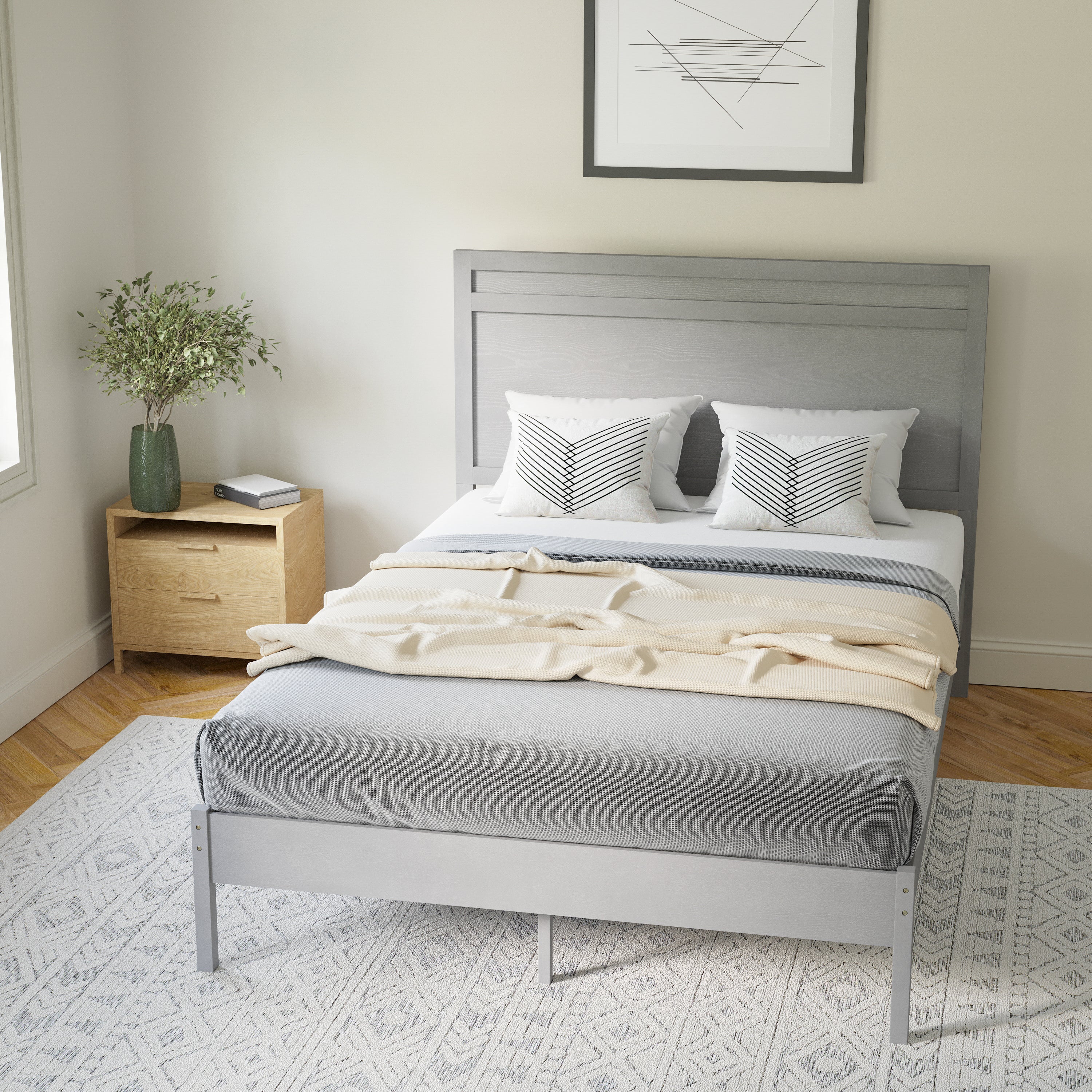 Kingston Full Size Solid Wood Platform Bed with Wooden Slats and Headboard, No Box Spring Needed, Gray