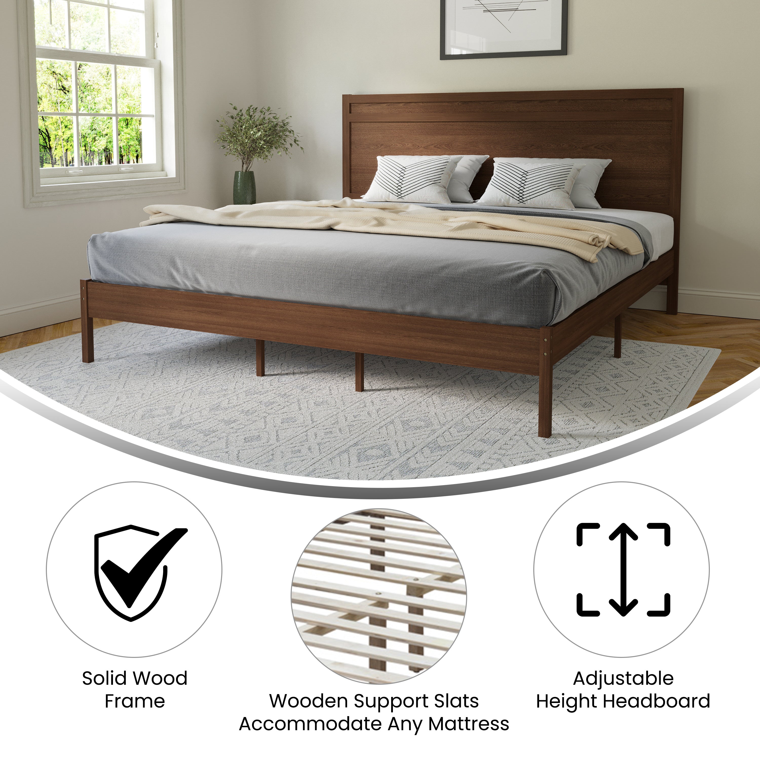 Kingston King Size Solid Wood Platform Bed with Wooden Slats and Headboard, No Box Spring Needed, Brown