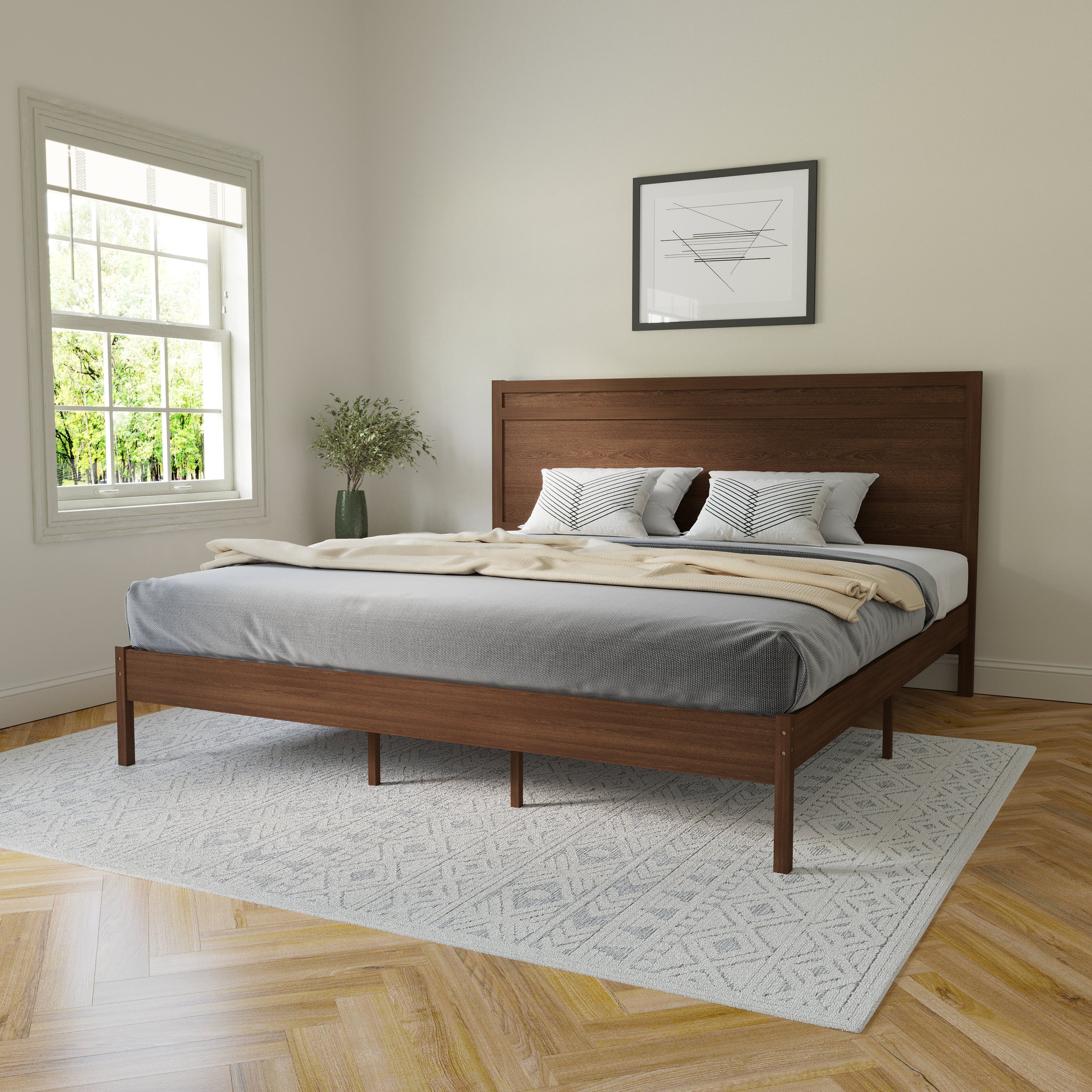 Kingston King Size Solid Wood Platform Bed with Wooden Slats and Headboard, No Box Spring Needed, Brown