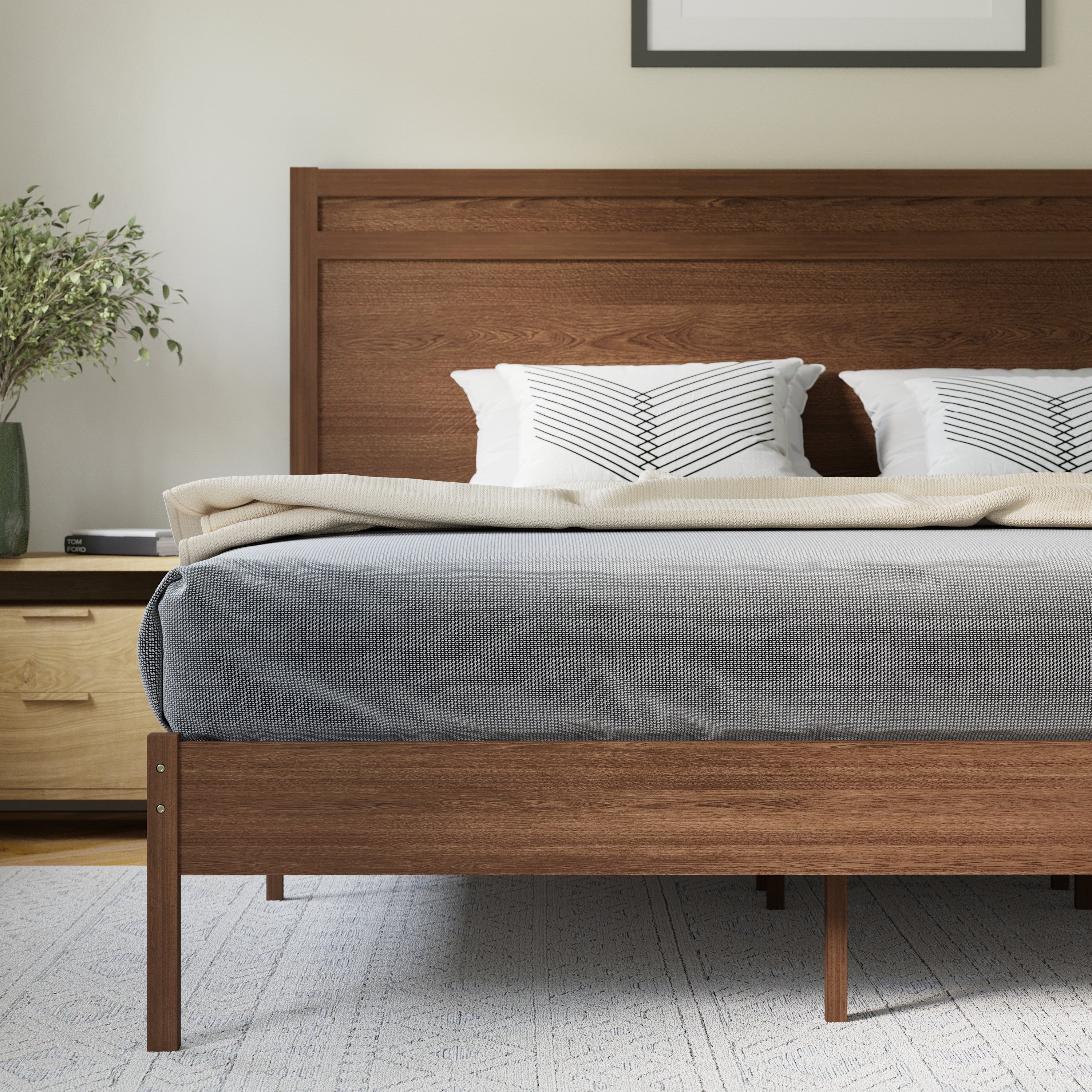 Kingston King Size Solid Wood Platform Bed with Wooden Slats and Headboard, No Box Spring Needed, Brown