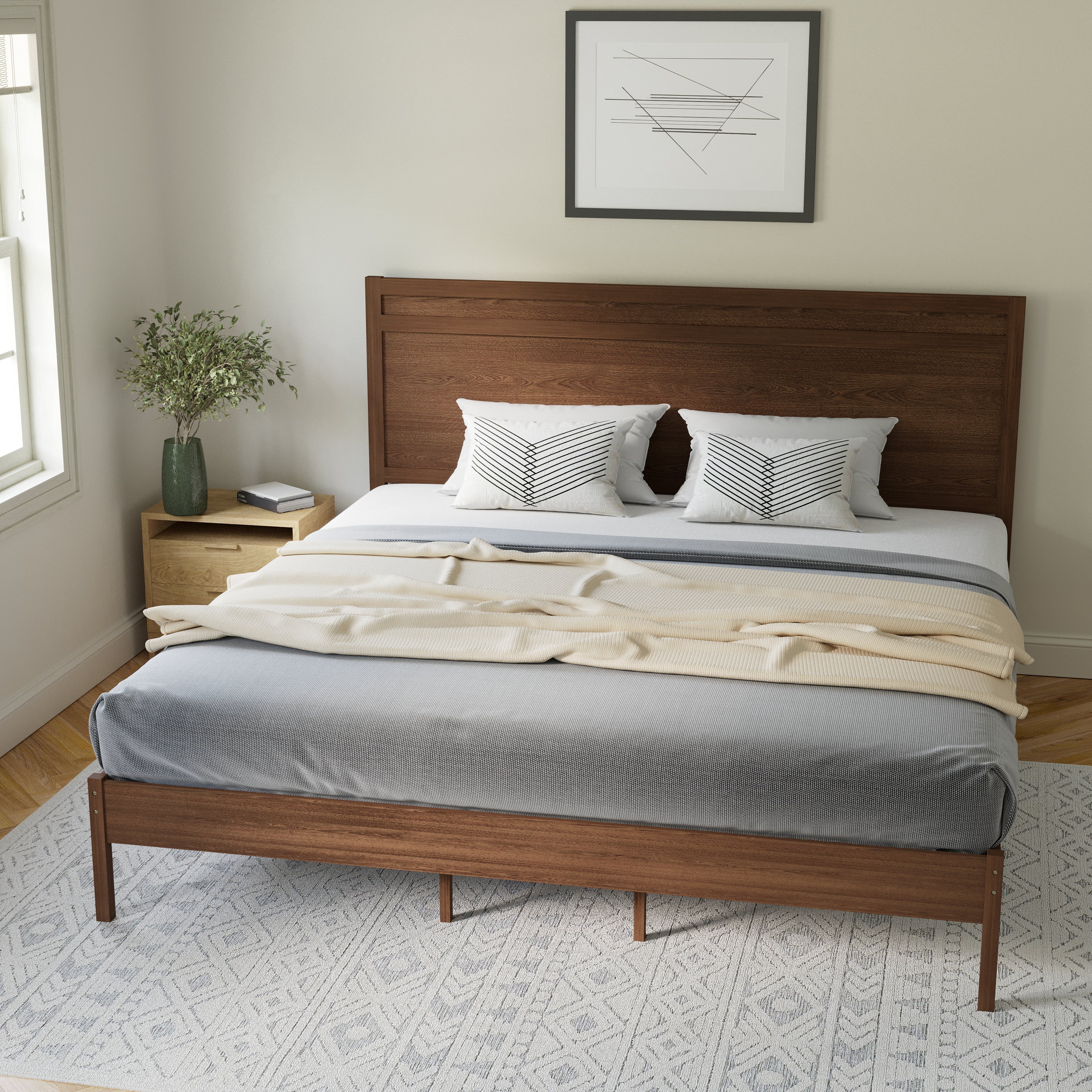 Kingston King Size Solid Wood Platform Bed with Wooden Slats and Headboard, No Box Spring Needed, Brown