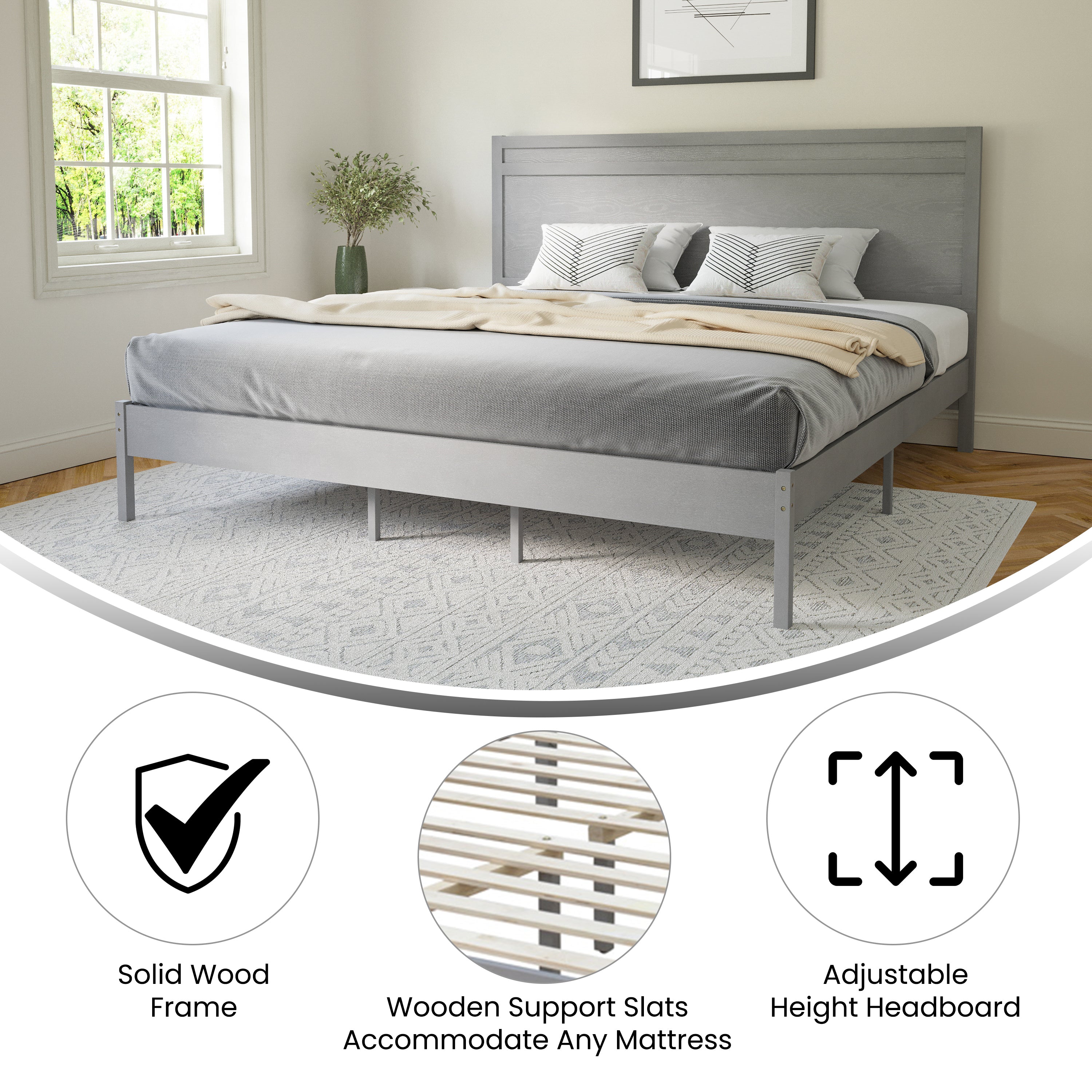 Kingston King Size Solid Wood Platform Bed with Wooden Slats and Headboard, No Box Spring Needed, Gray
