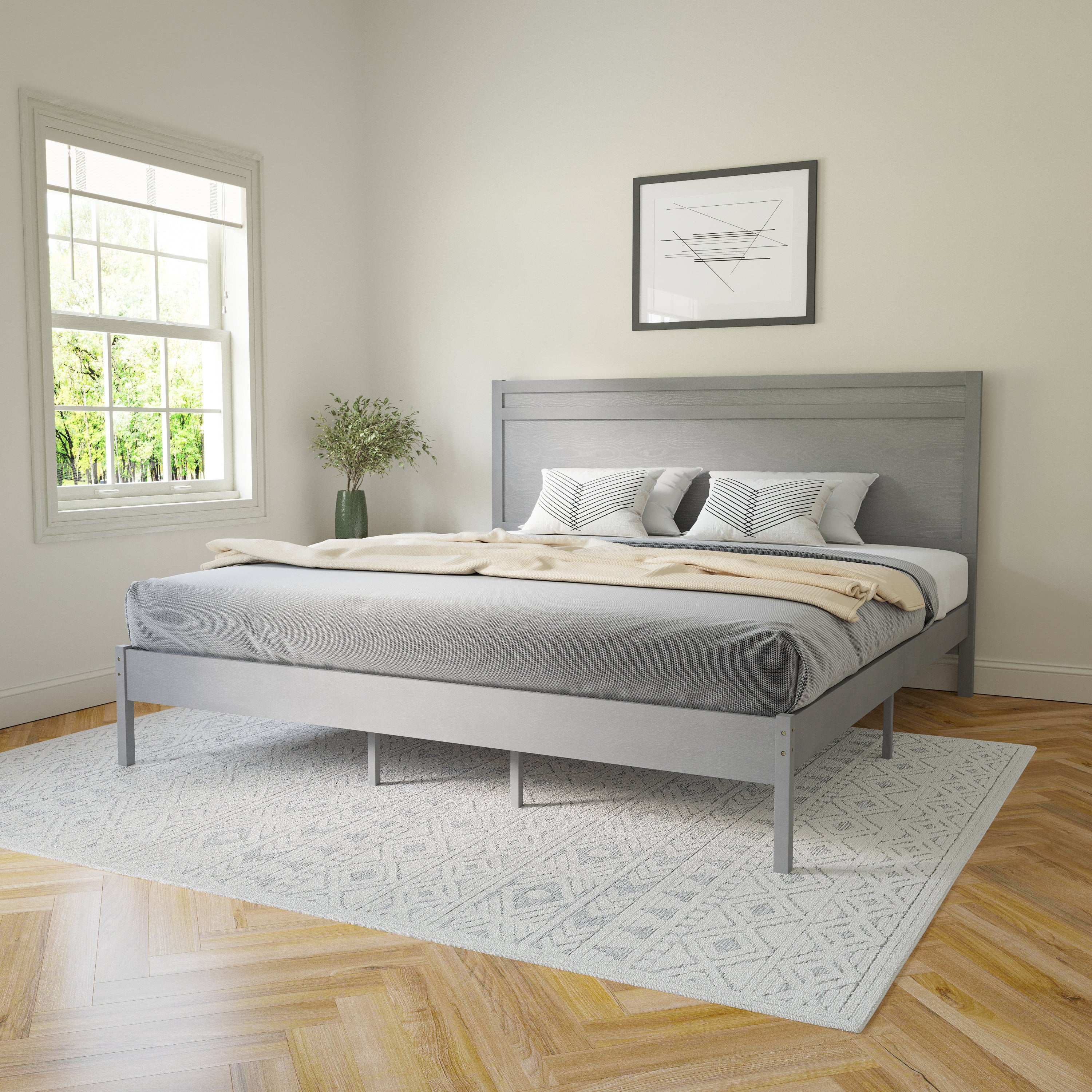 Kingston King Size Solid Wood Platform Bed with Wooden Slats and Headboard, No Box Spring Needed, Gray