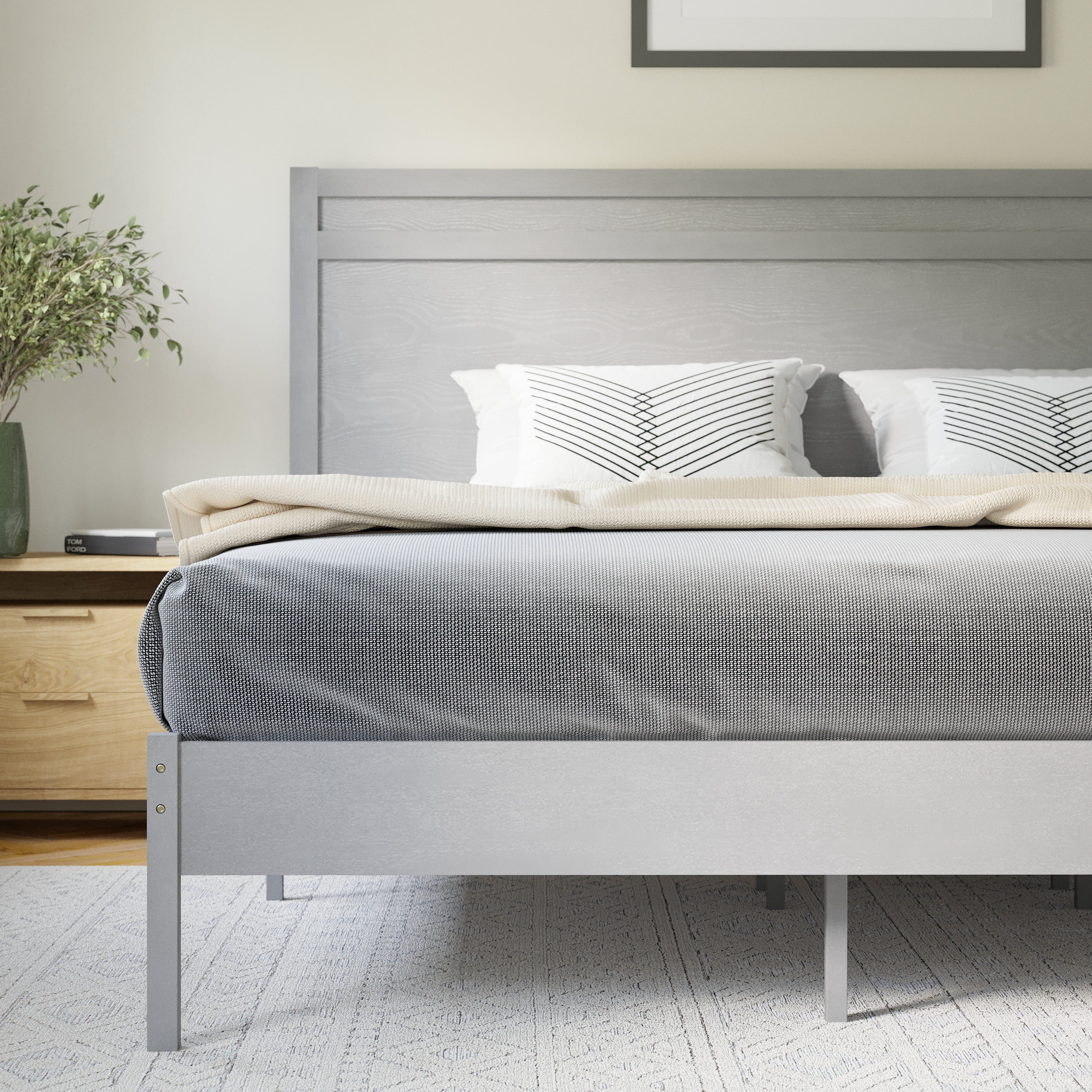Kingston King Size Solid Wood Platform Bed with Wooden Slats and Headboard, No Box Spring Needed, Gray