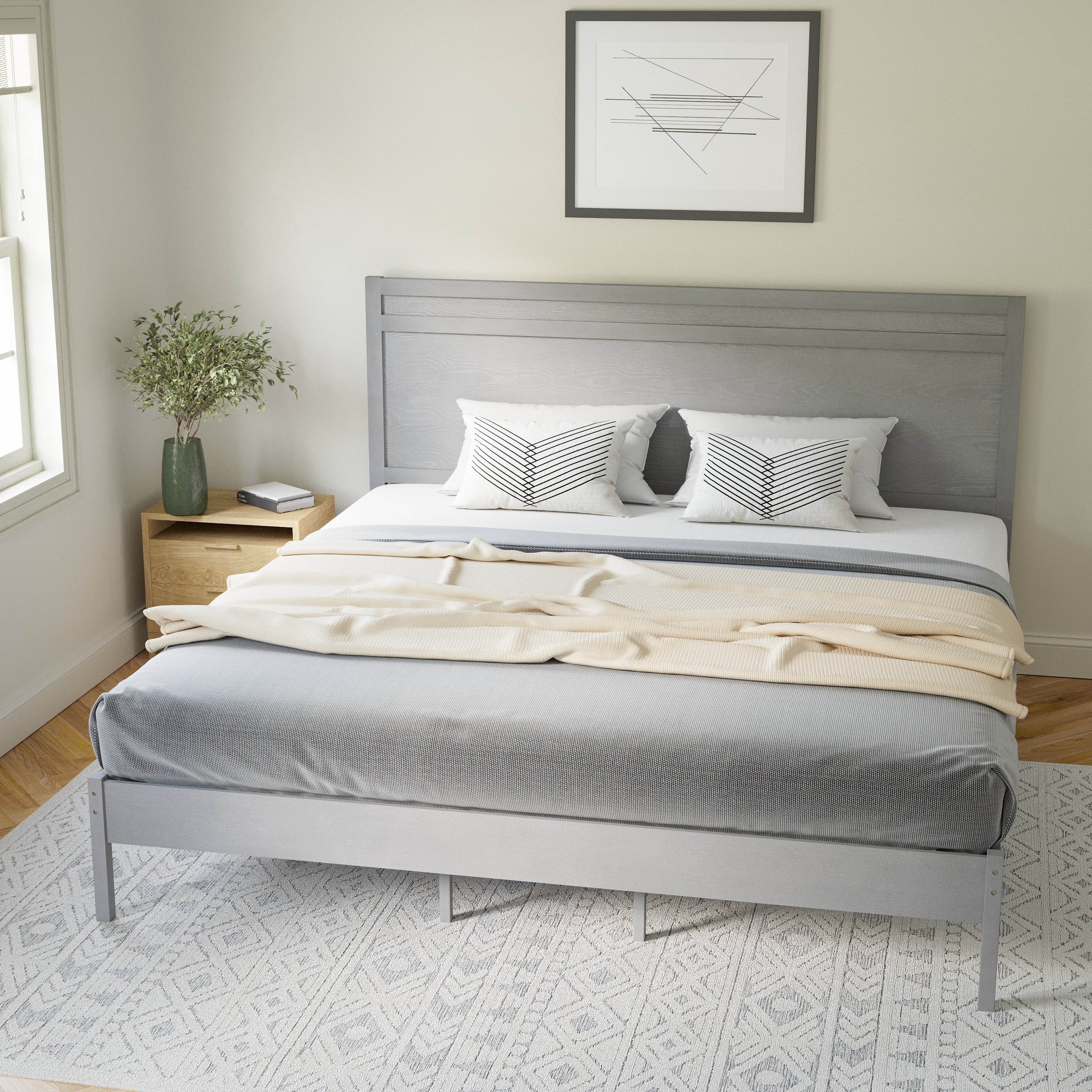 Kingston King Size Solid Wood Platform Bed with Wooden Slats and Headboard, No Box Spring Needed, Gray