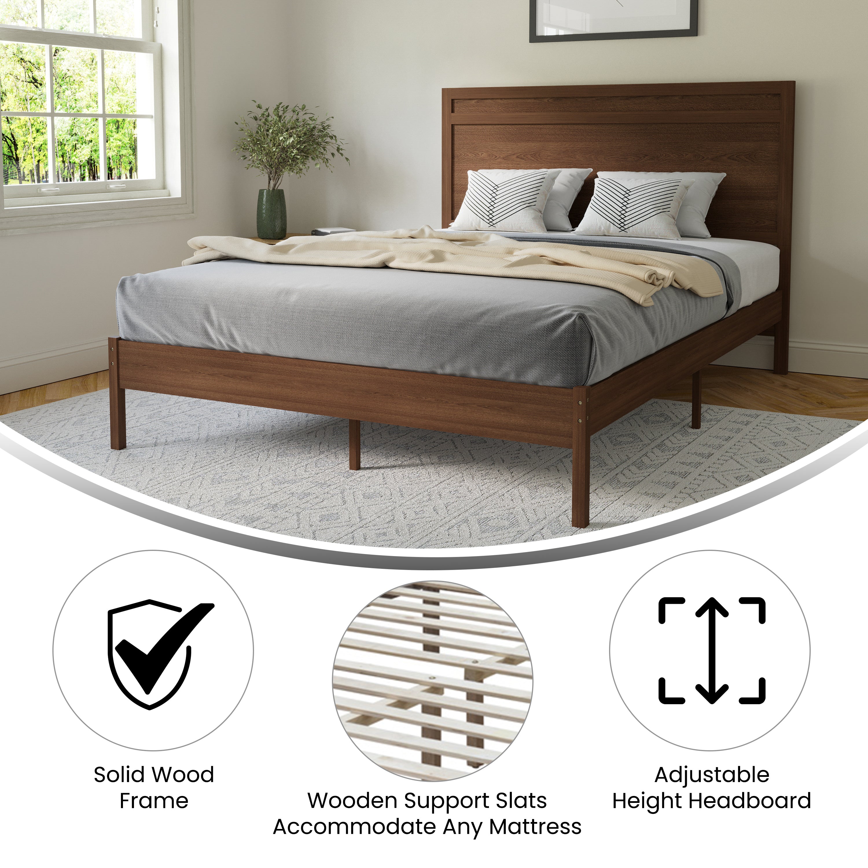 Kingston Queen Size Solid Wood Platform Bed with Wooden Slats and Headboard, No Box Spring Needed, Brown
