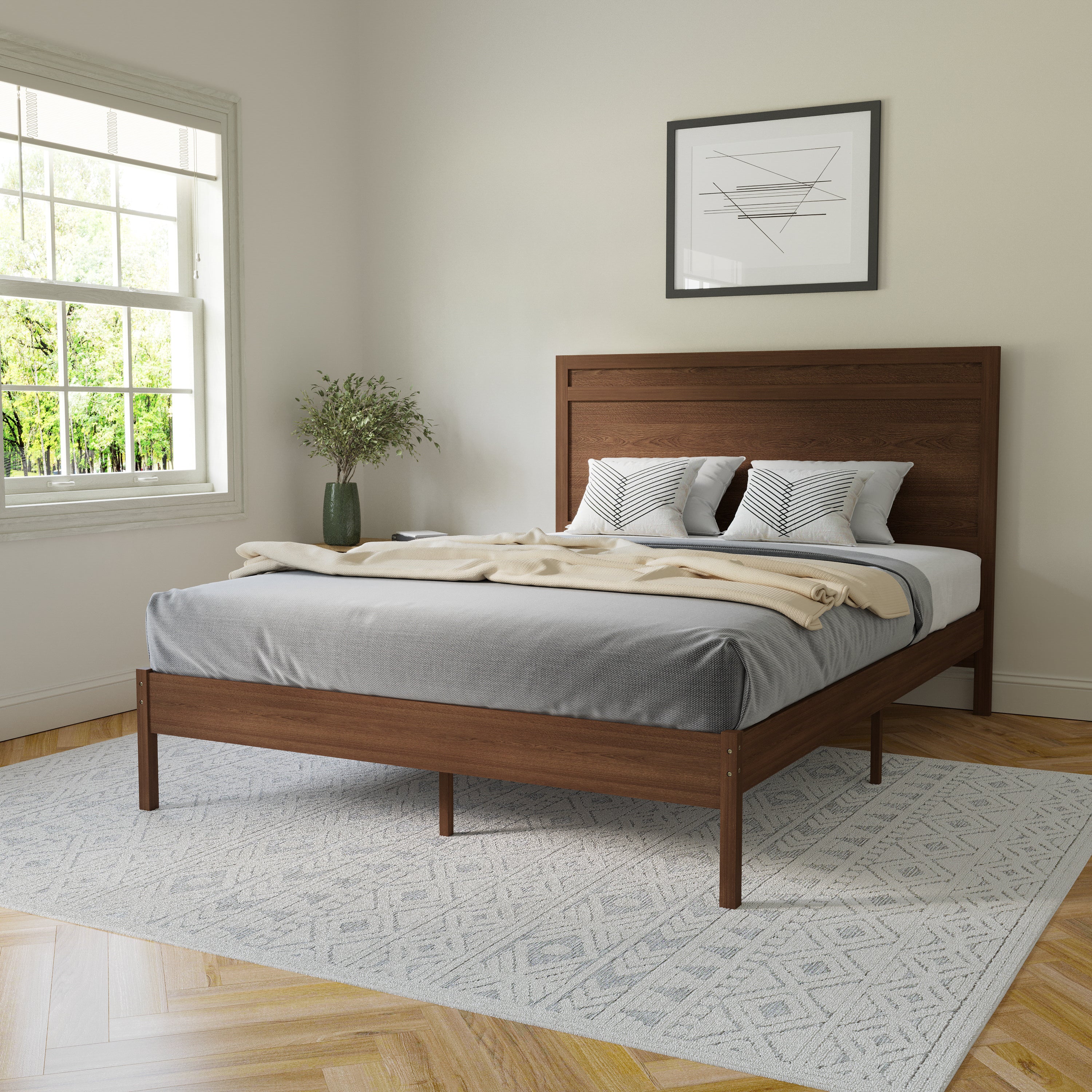 Kingston Queen Size Solid Wood Platform Bed with Wooden Slats and Headboard, No Box Spring Needed, Brown