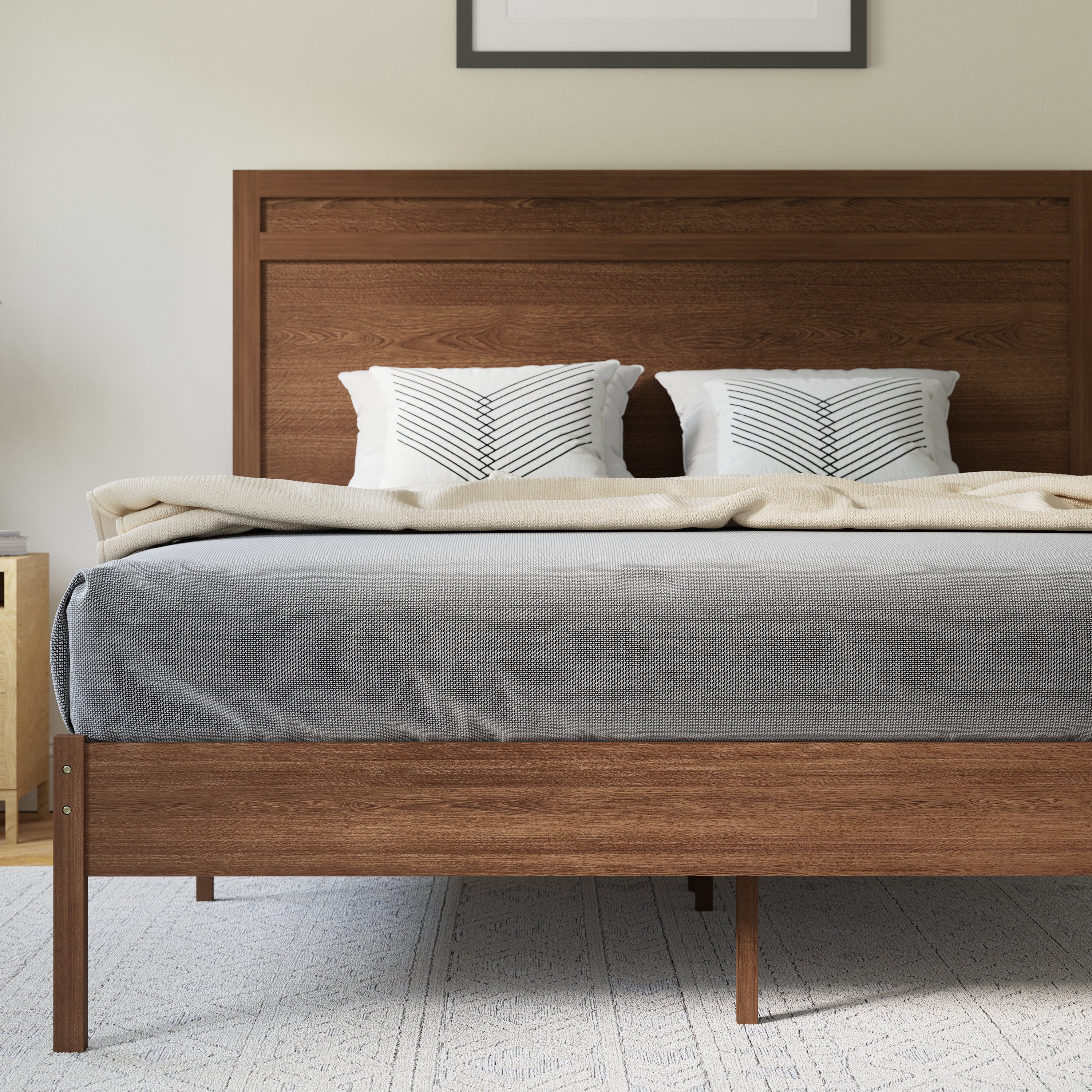 Kingston Queen Size Solid Wood Platform Bed with Wooden Slats and Headboard, No Box Spring Needed, Brown