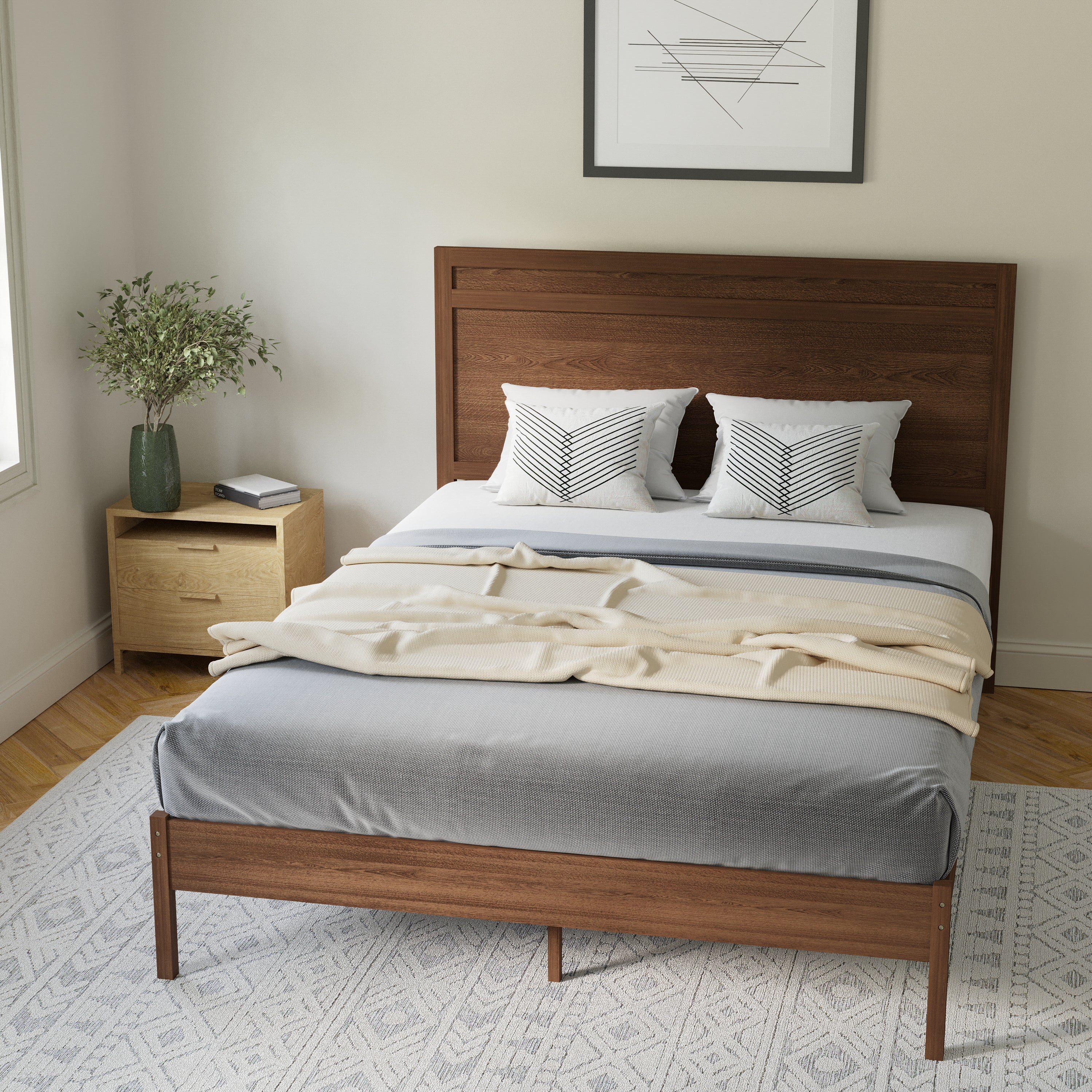 Kingston Queen Size Solid Wood Platform Bed with Wooden Slats and Headboard, No Box Spring Needed, Brown