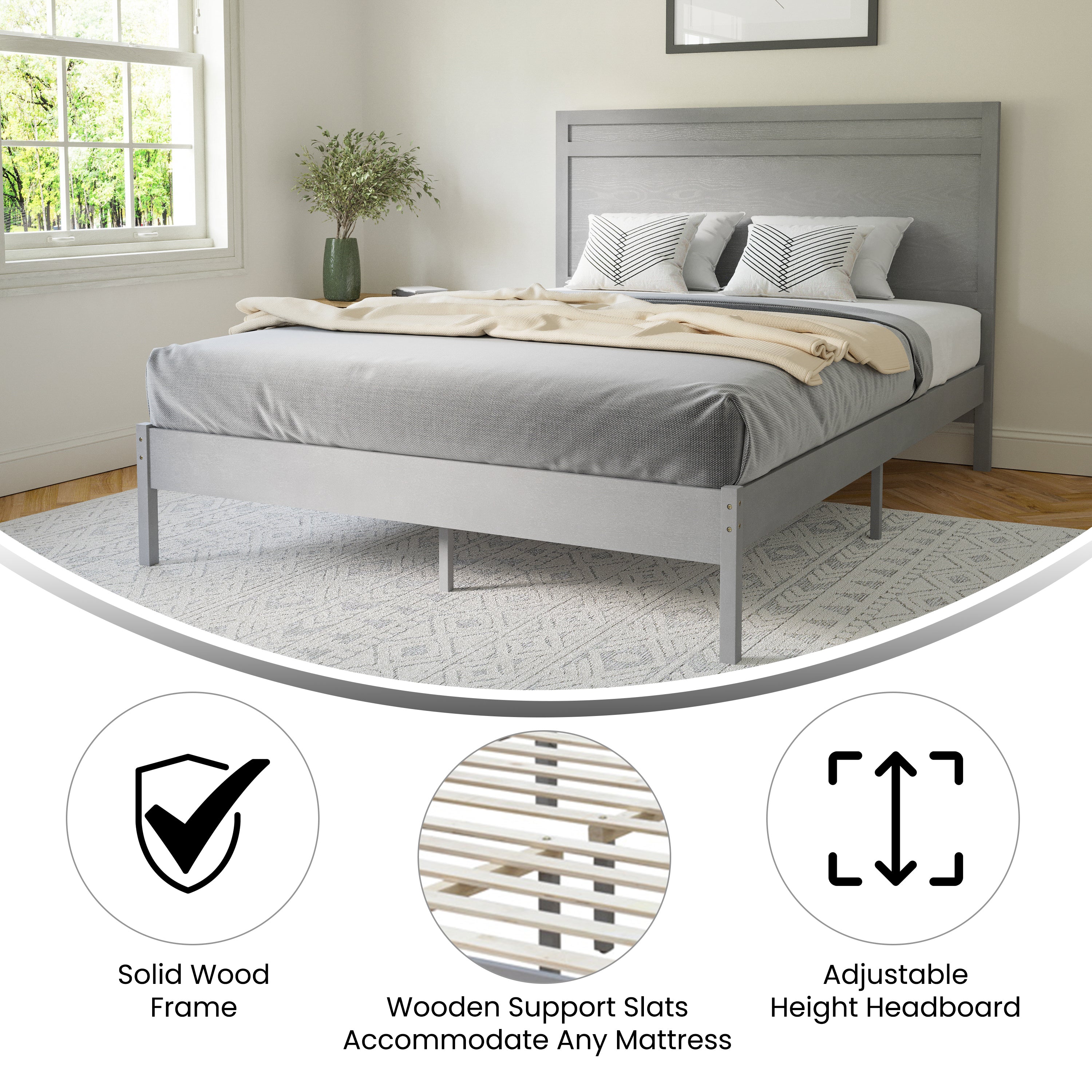 Kingston Queen Size Solid Wood Platform Bed with Wooden Slats and Headboard, No Box Spring Needed, Gray