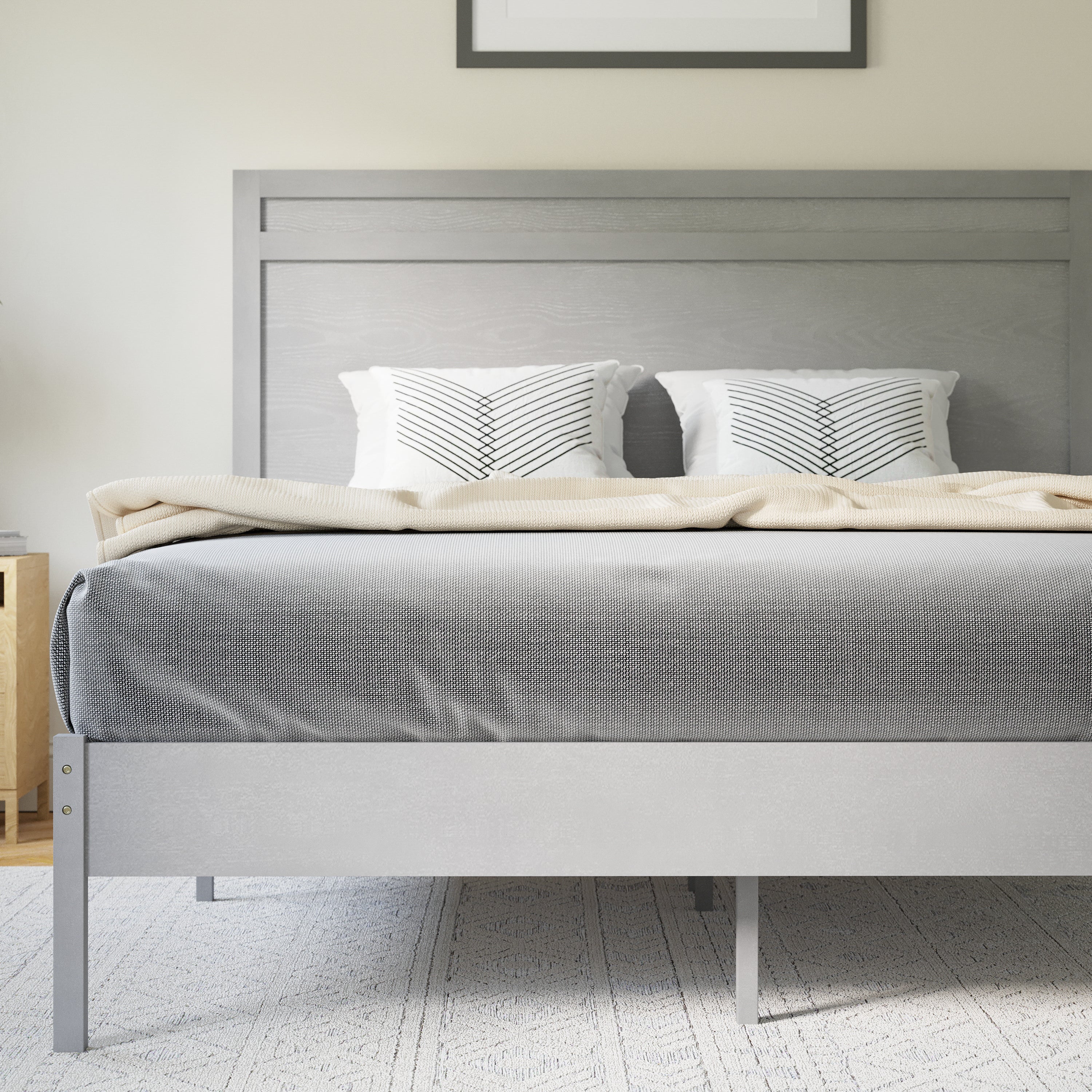 Kingston Queen Size Solid Wood Platform Bed with Wooden Slats and Headboard, No Box Spring Needed, Gray