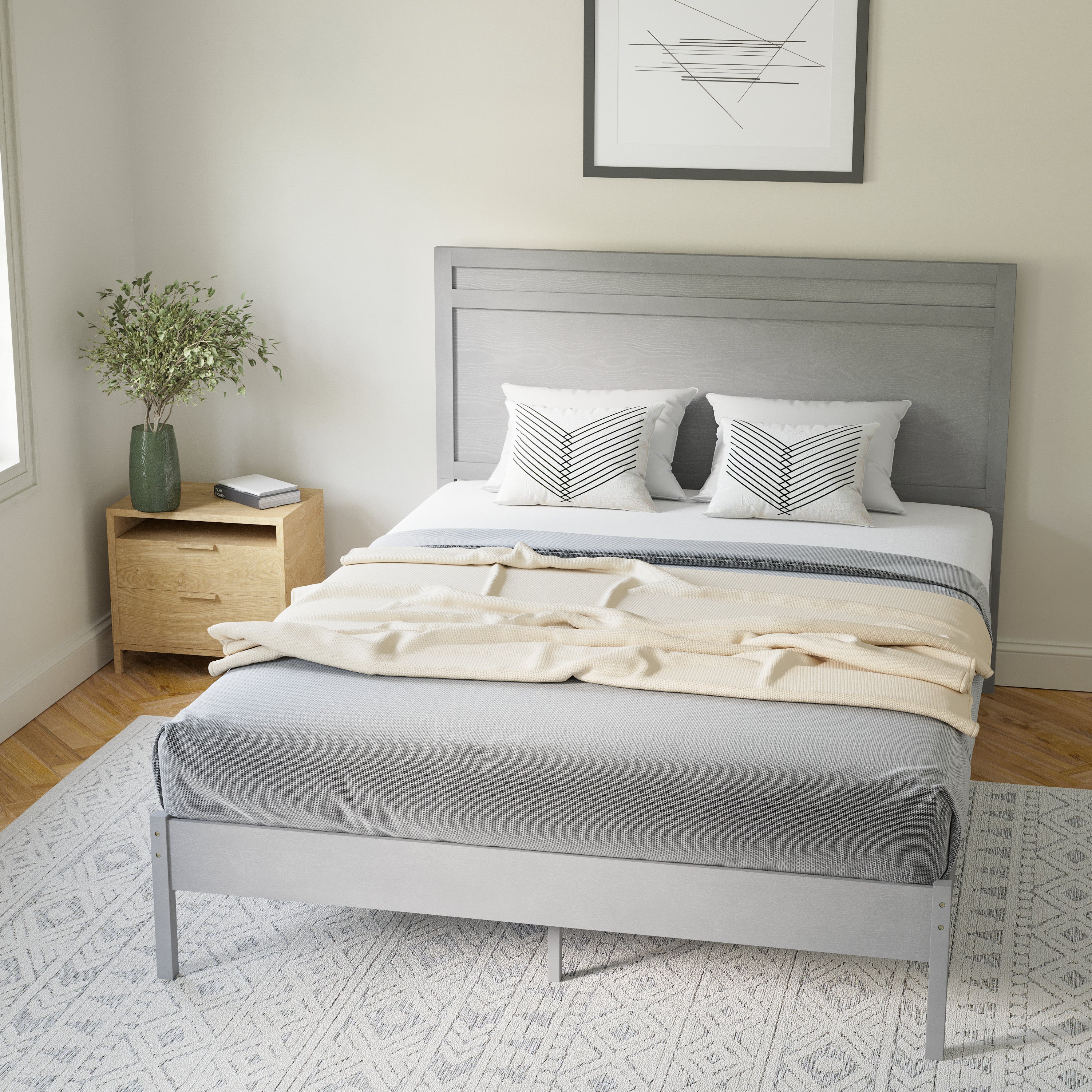 Kingston Queen Size Solid Wood Platform Bed with Wooden Slats and Headboard, No Box Spring Needed, Gray
