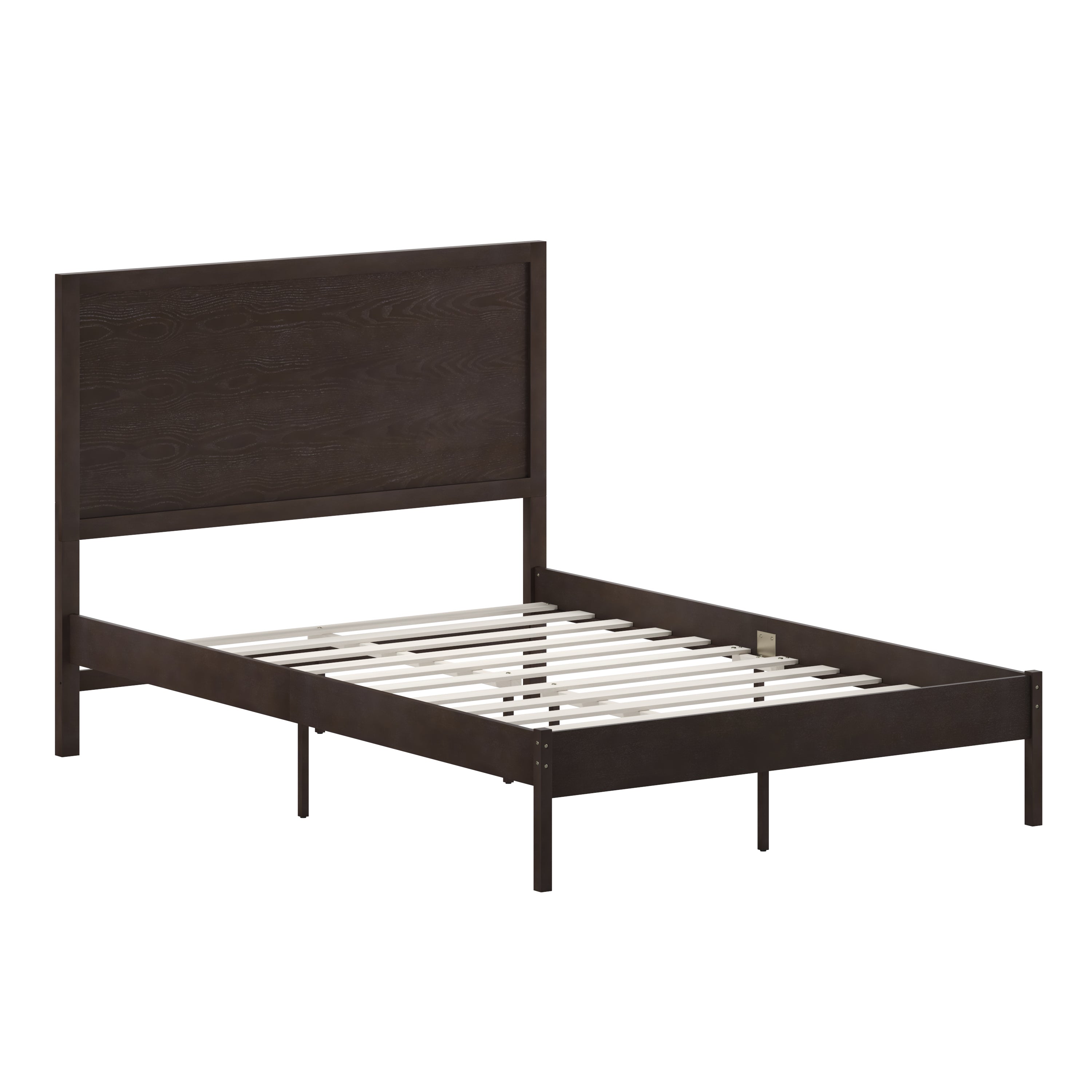 Asher Full Size Solid Wood Platform Bed with Wooden Slats and Headboard, No Box Spring Needed, Dark Brown