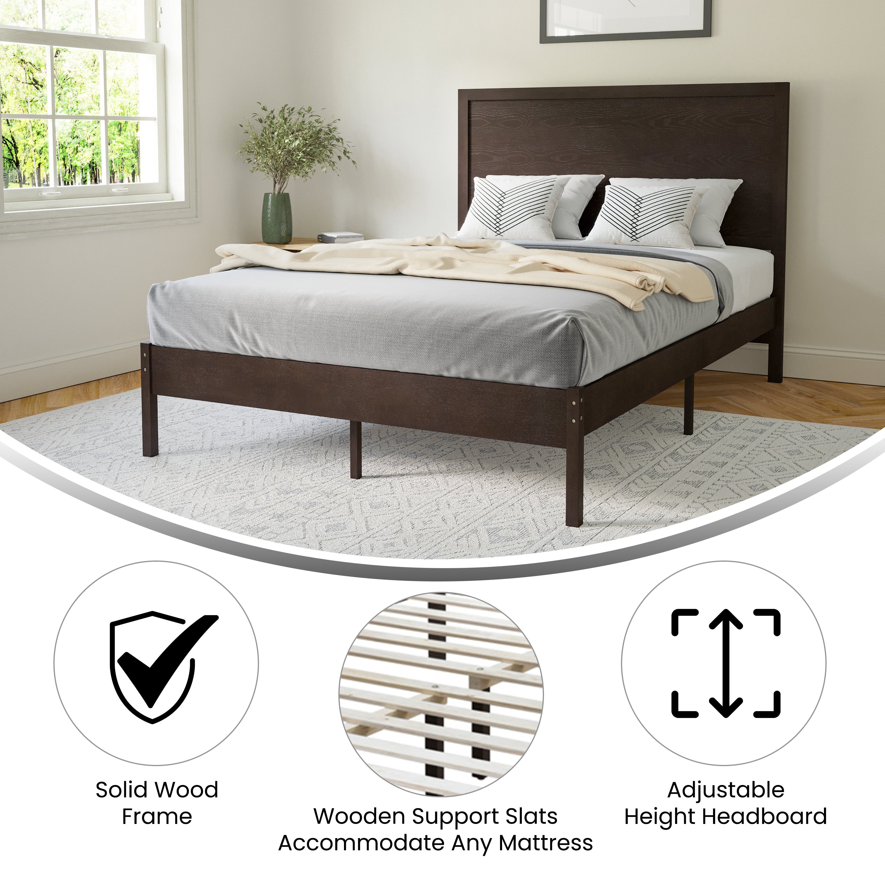 Asher Full Size Solid Wood Platform Bed with Wooden Slats and Headboard, No Box Spring Needed, Dark Brown