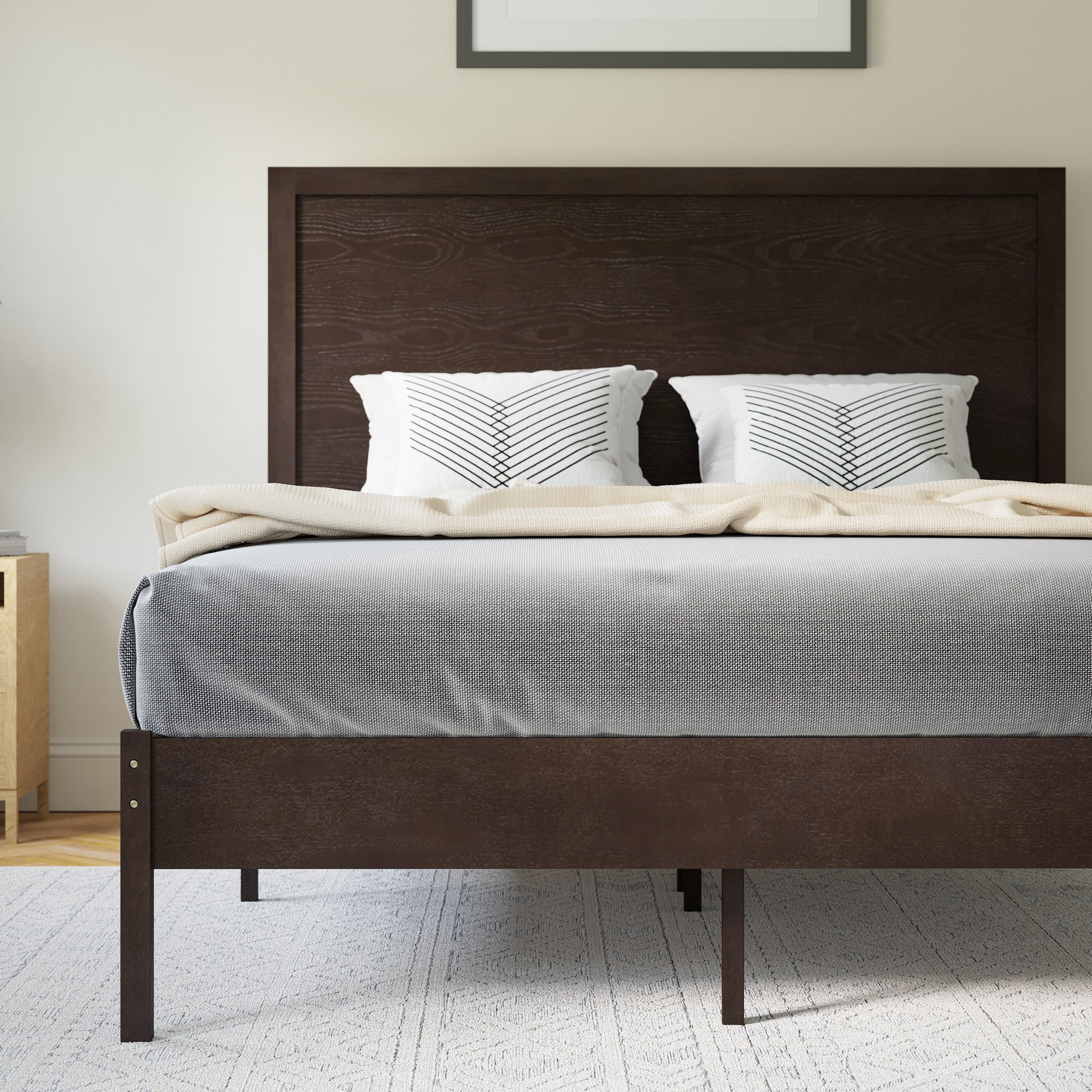Asher Full Size Solid Wood Platform Bed with Wooden Slats and Headboard, No Box Spring Needed, Dark Brown