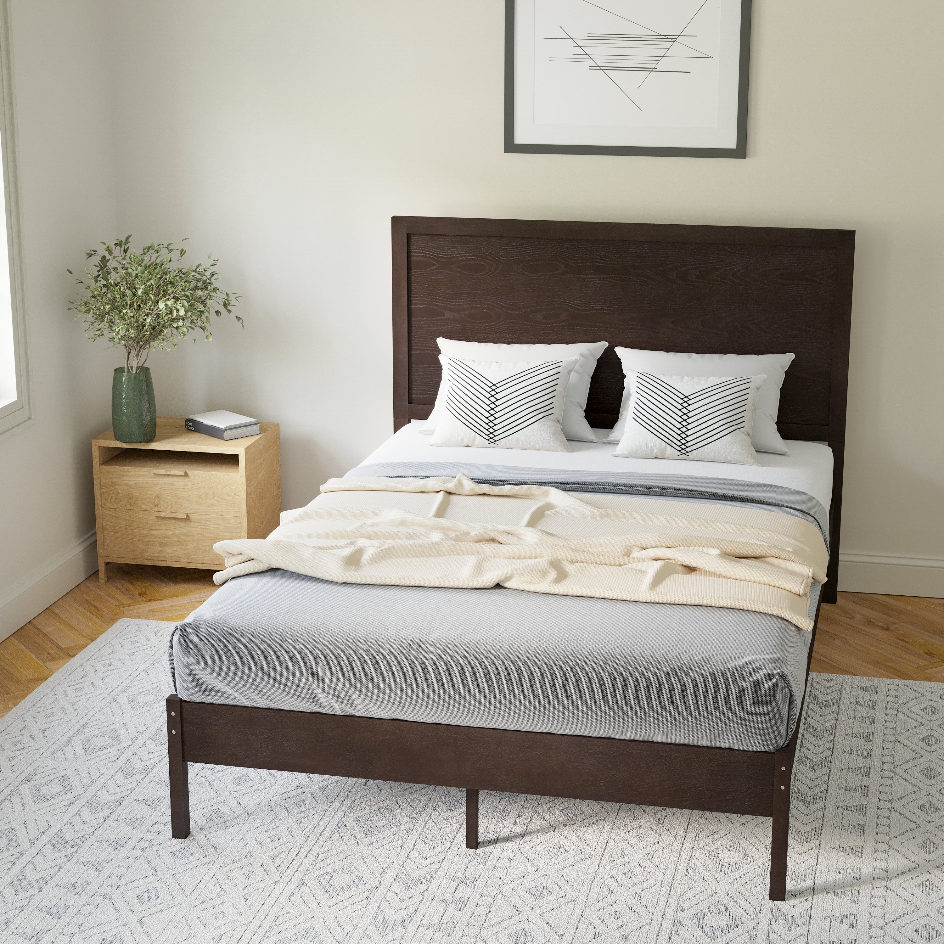 Asher Full Size Solid Wood Platform Bed with Wooden Slats and Headboard, No Box Spring Needed, Dark Brown