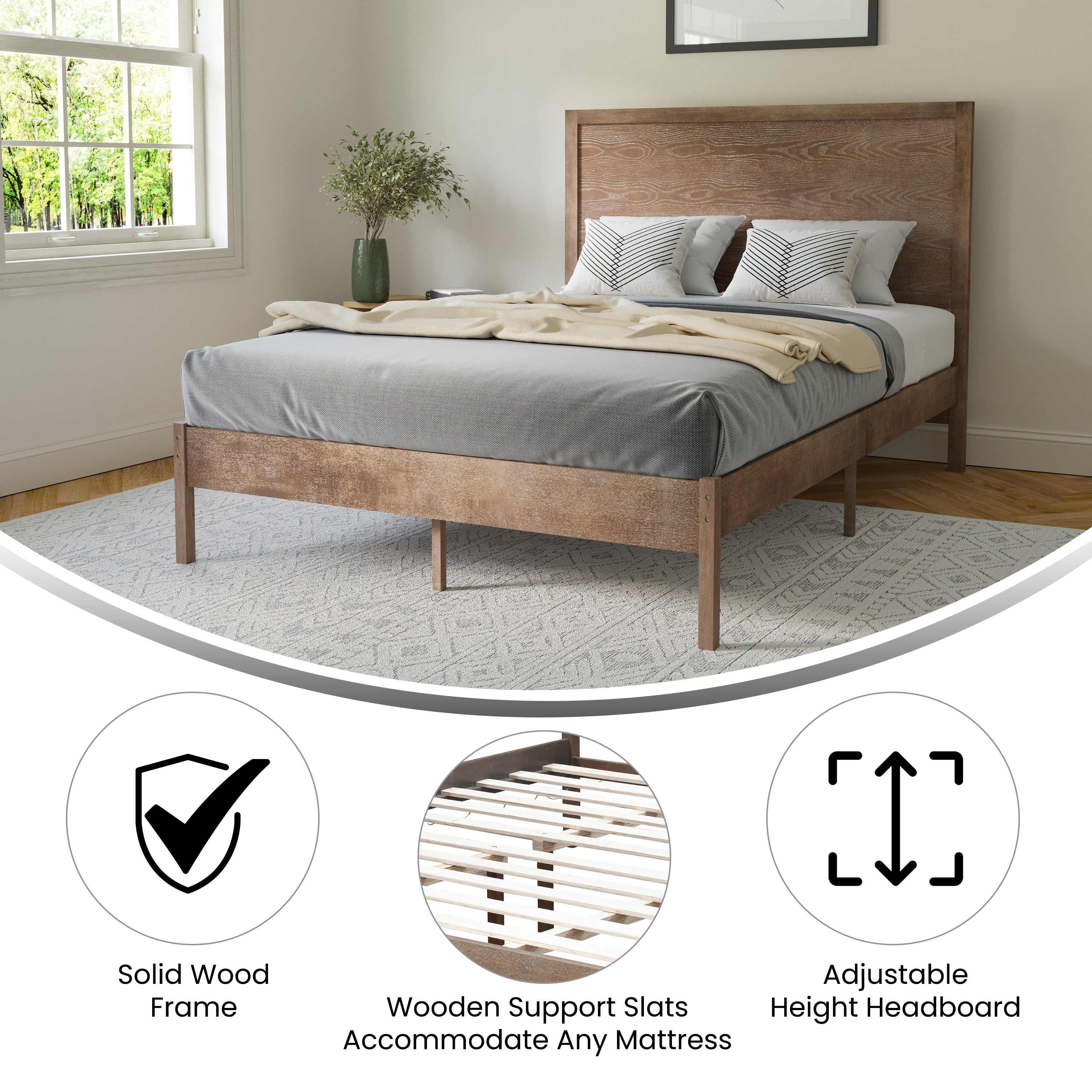 Asher Full Size Solid Wood Platform Bed with Wooden Slats and Headboard, No Box Spring Needed, Light Brown