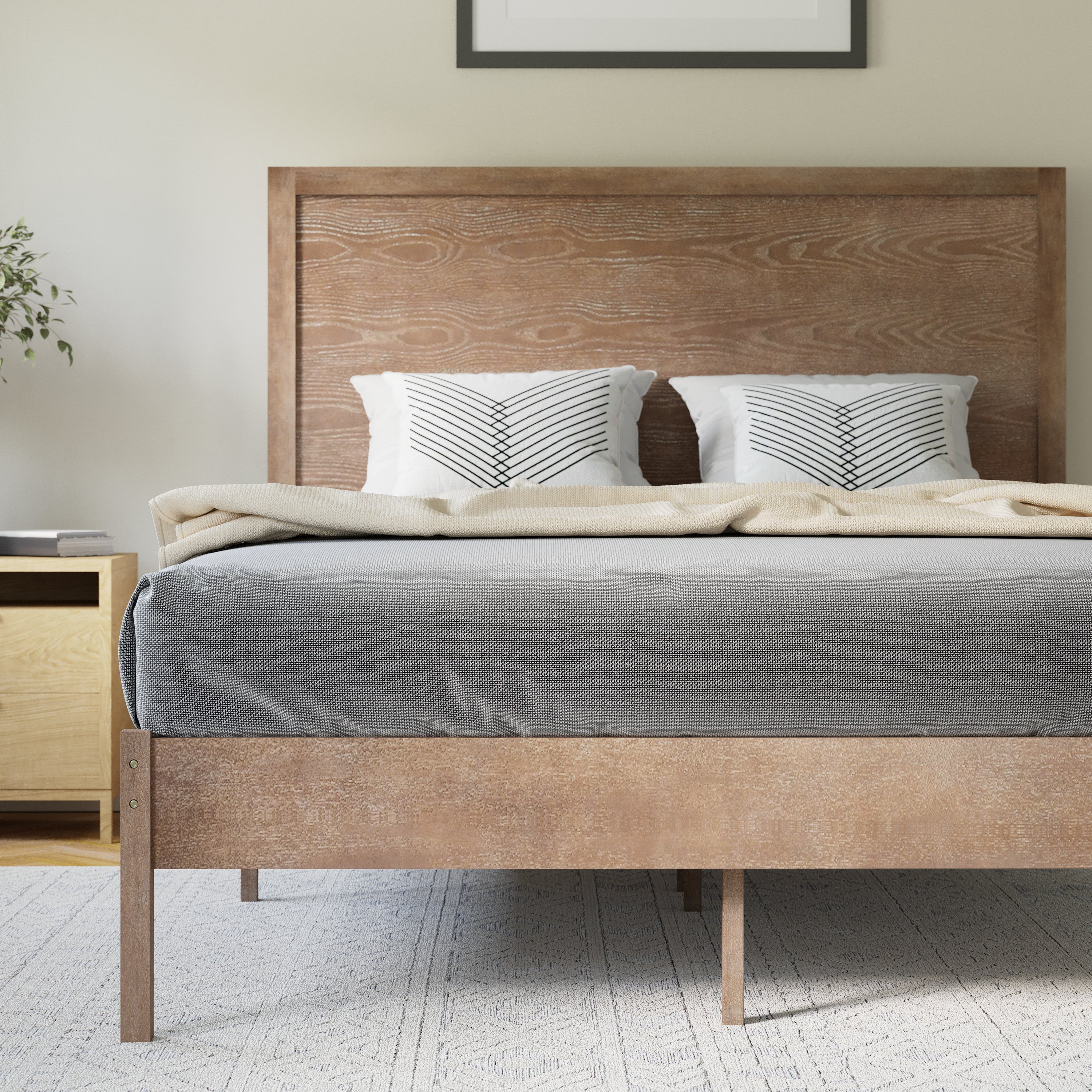 Asher Full Size Solid Wood Platform Bed with Wooden Slats and Headboard, No Box Spring Needed, Light Brown
