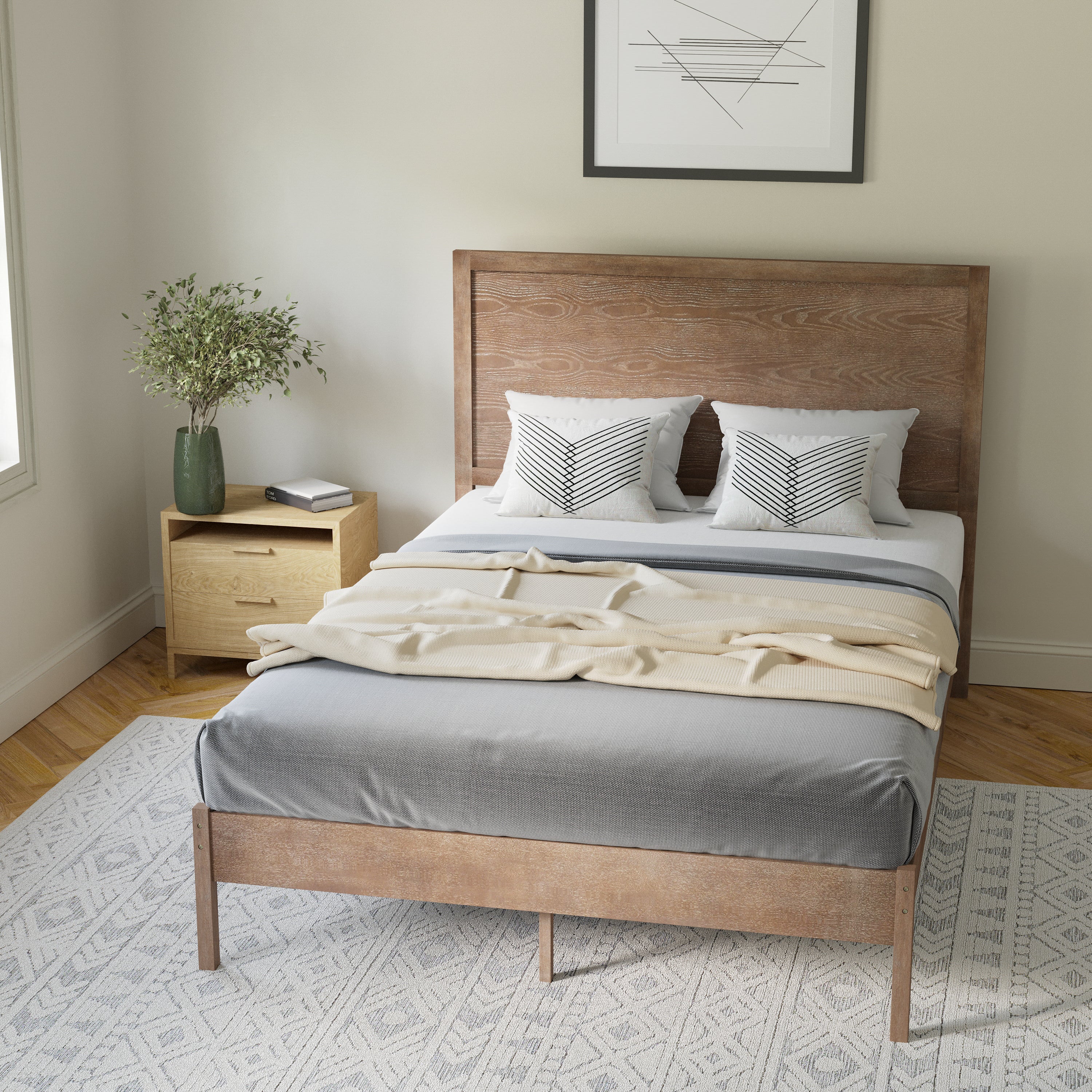 Asher Full Size Solid Wood Platform Bed with Wooden Slats and Headboard, No Box Spring Needed, Light Brown