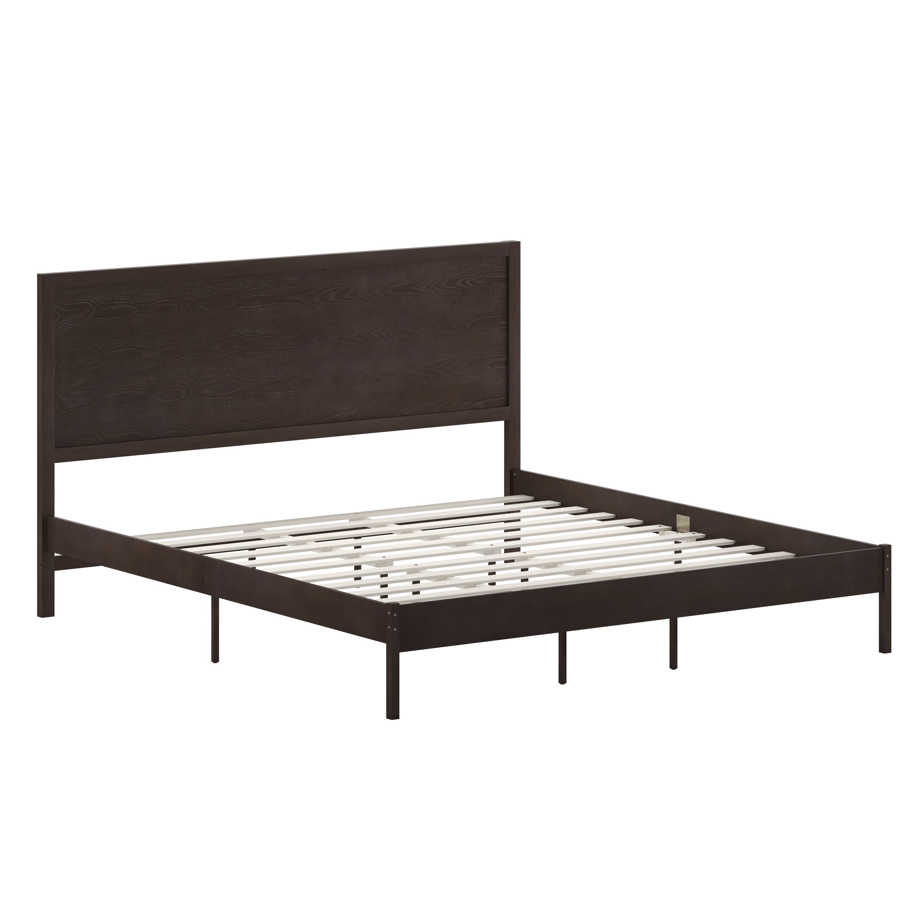 Asher King Size Solid Wood Platform Bed with Wooden Slats and Headboard, No Box Spring Needed, Dark Brown