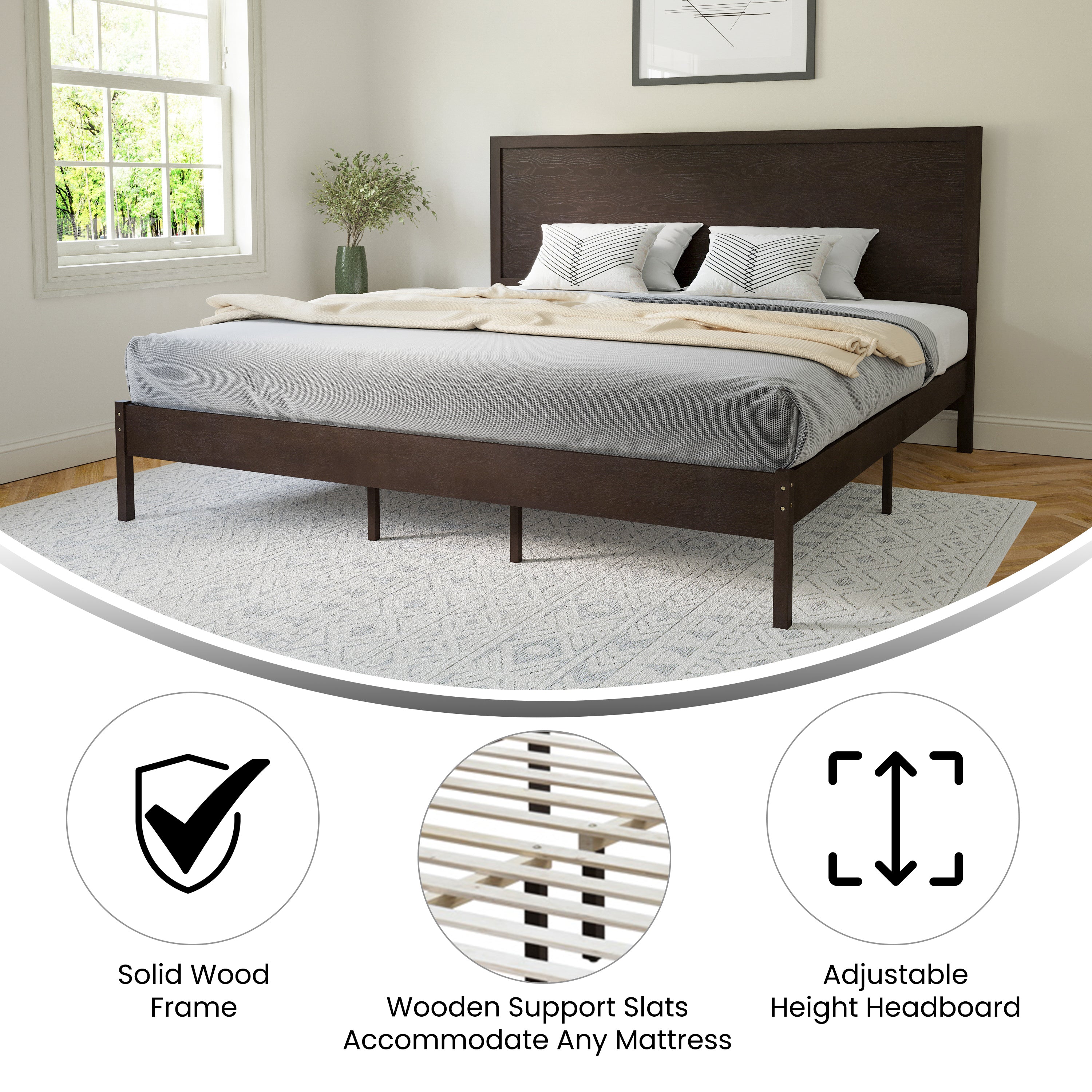 Asher King Size Solid Wood Platform Bed with Wooden Slats and Headboard, No Box Spring Needed, Dark Brown
