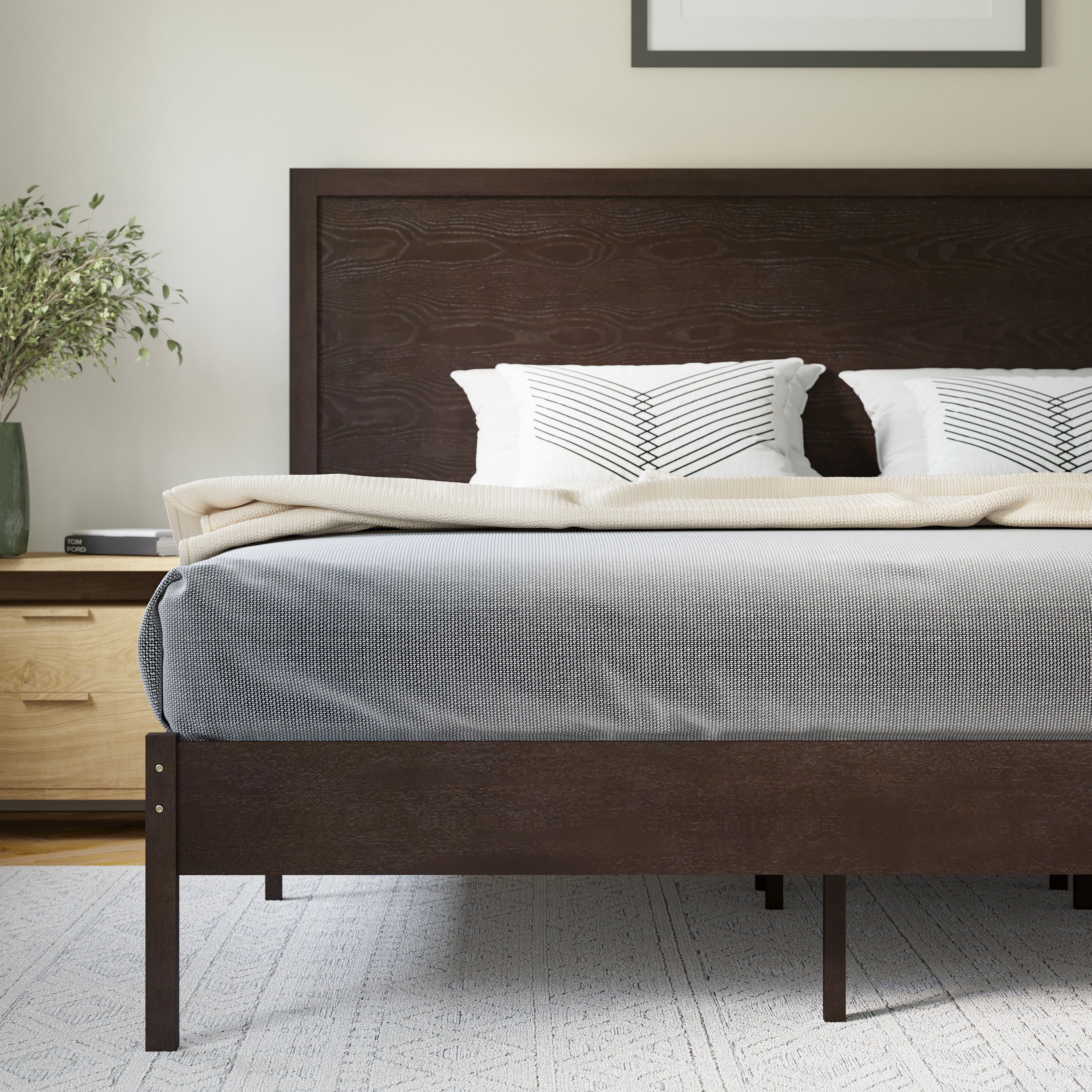 Asher King Size Solid Wood Platform Bed with Wooden Slats and Headboard, No Box Spring Needed, Dark Brown