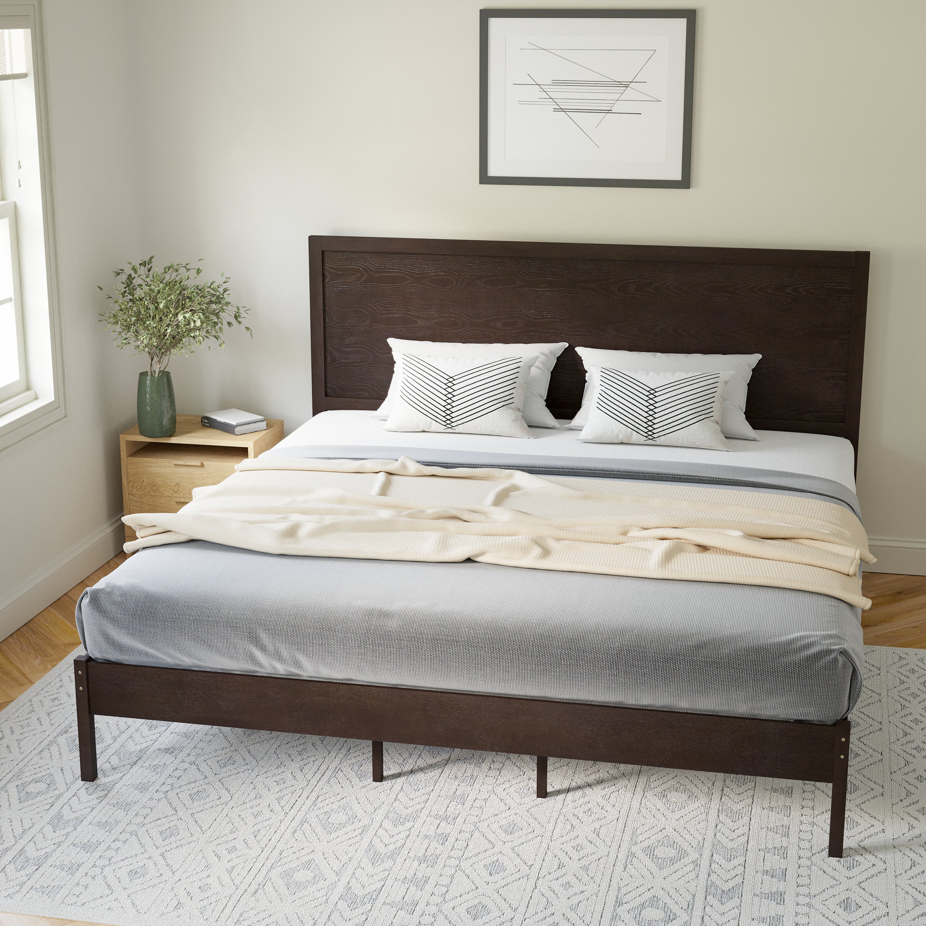 Asher King Size Solid Wood Platform Bed with Wooden Slats and Headboard, No Box Spring Needed, Dark Brown