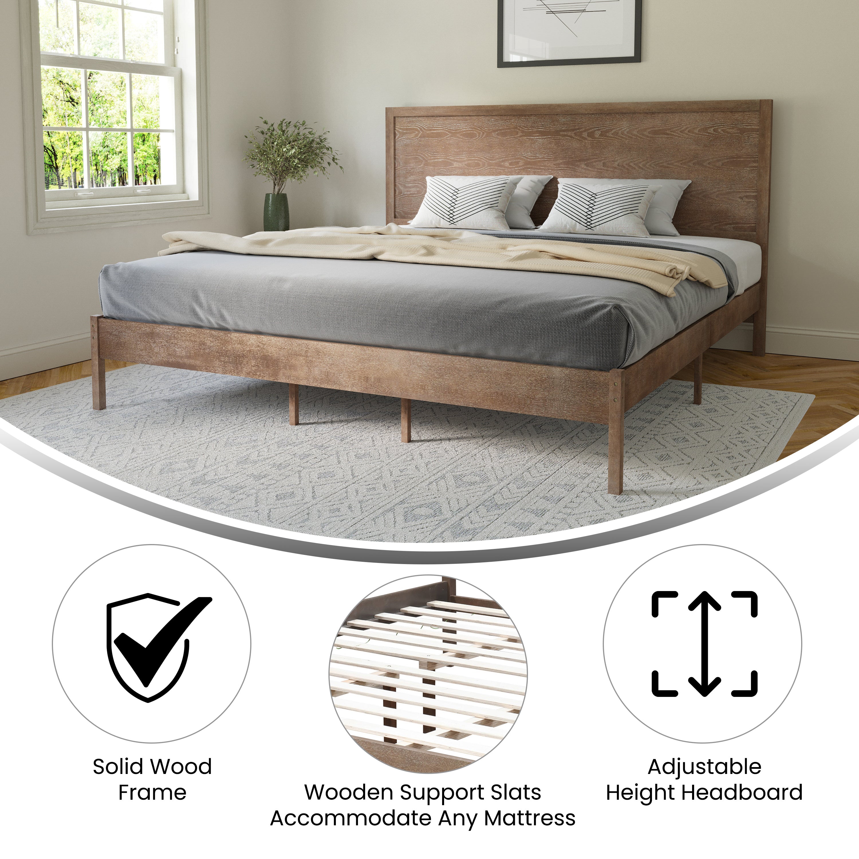 Asher King Size Solid Wood Platform Bed with Wooden Slats and Headboard, No Box Spring Needed, Light Brown