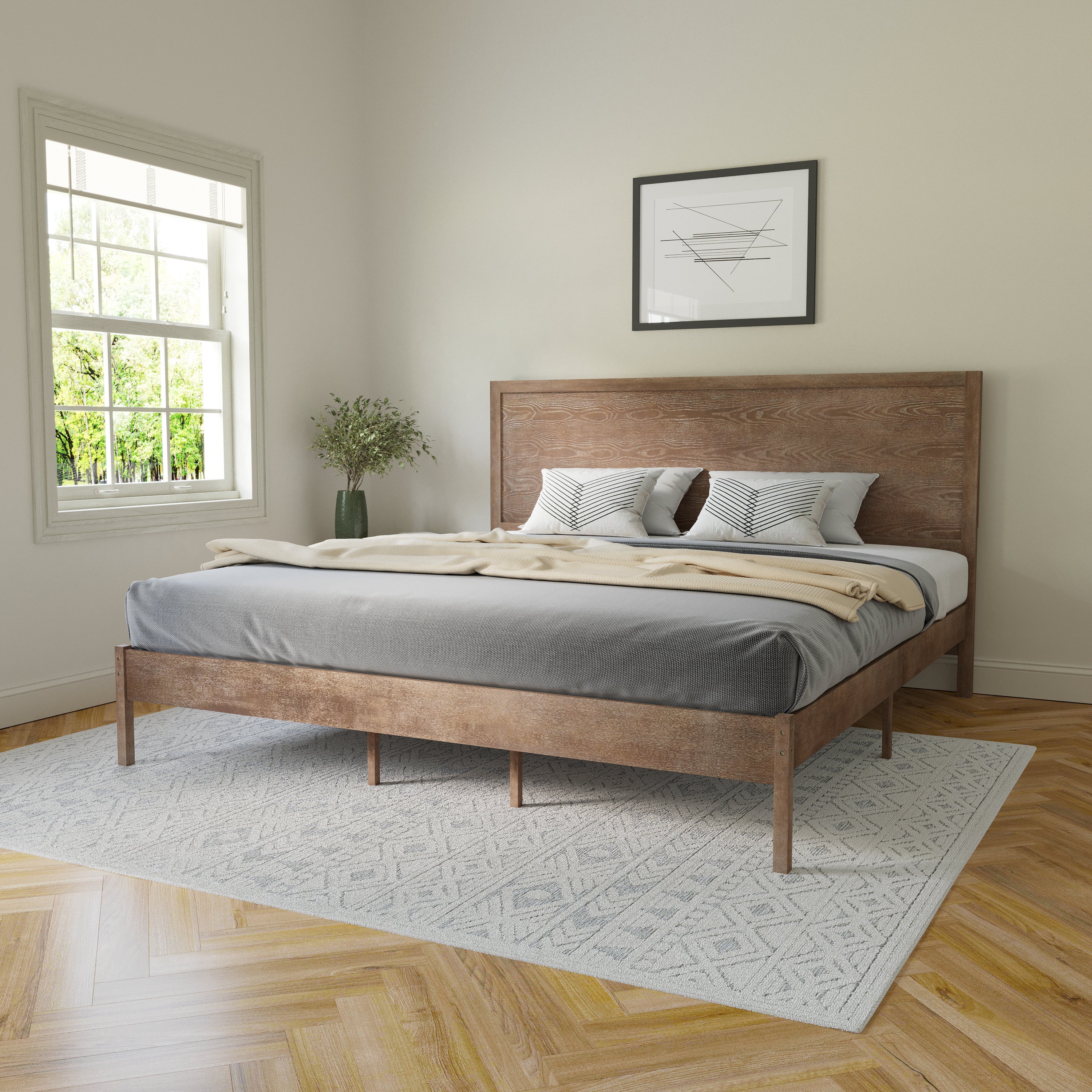 Asher King Size Solid Wood Platform Bed with Wooden Slats and Headboard, No Box Spring Needed, Light Brown