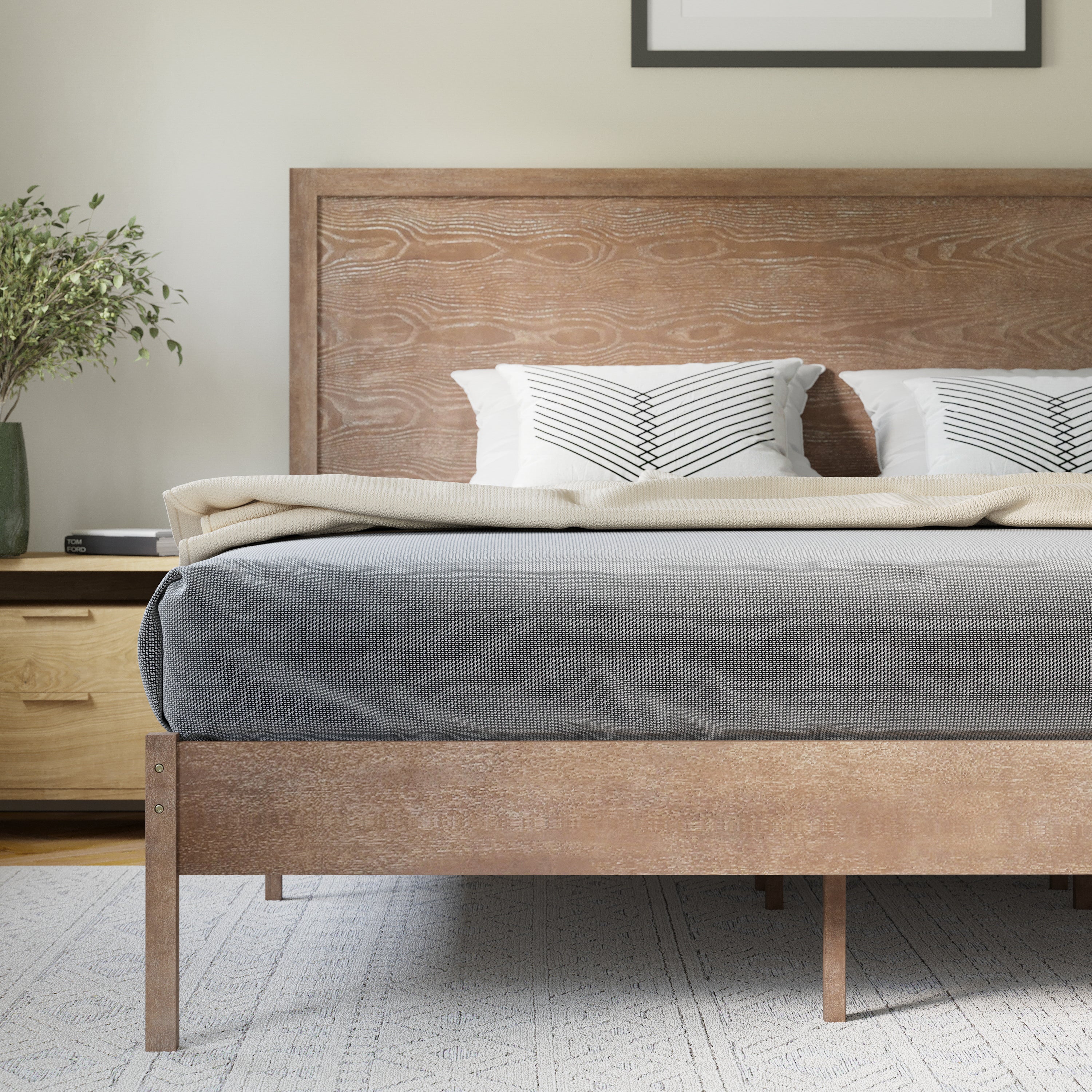 Asher King Size Solid Wood Platform Bed with Wooden Slats and Headboard, No Box Spring Needed, Light Brown