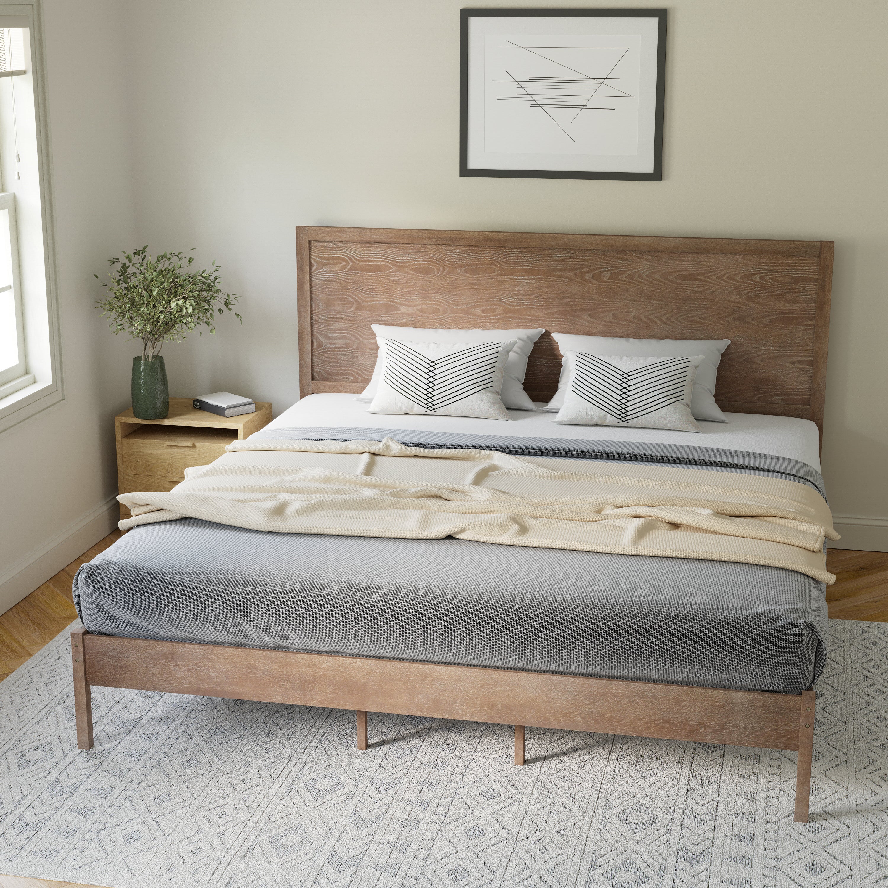 Asher King Size Solid Wood Platform Bed with Wooden Slats and Headboard, No Box Spring Needed, Light Brown
