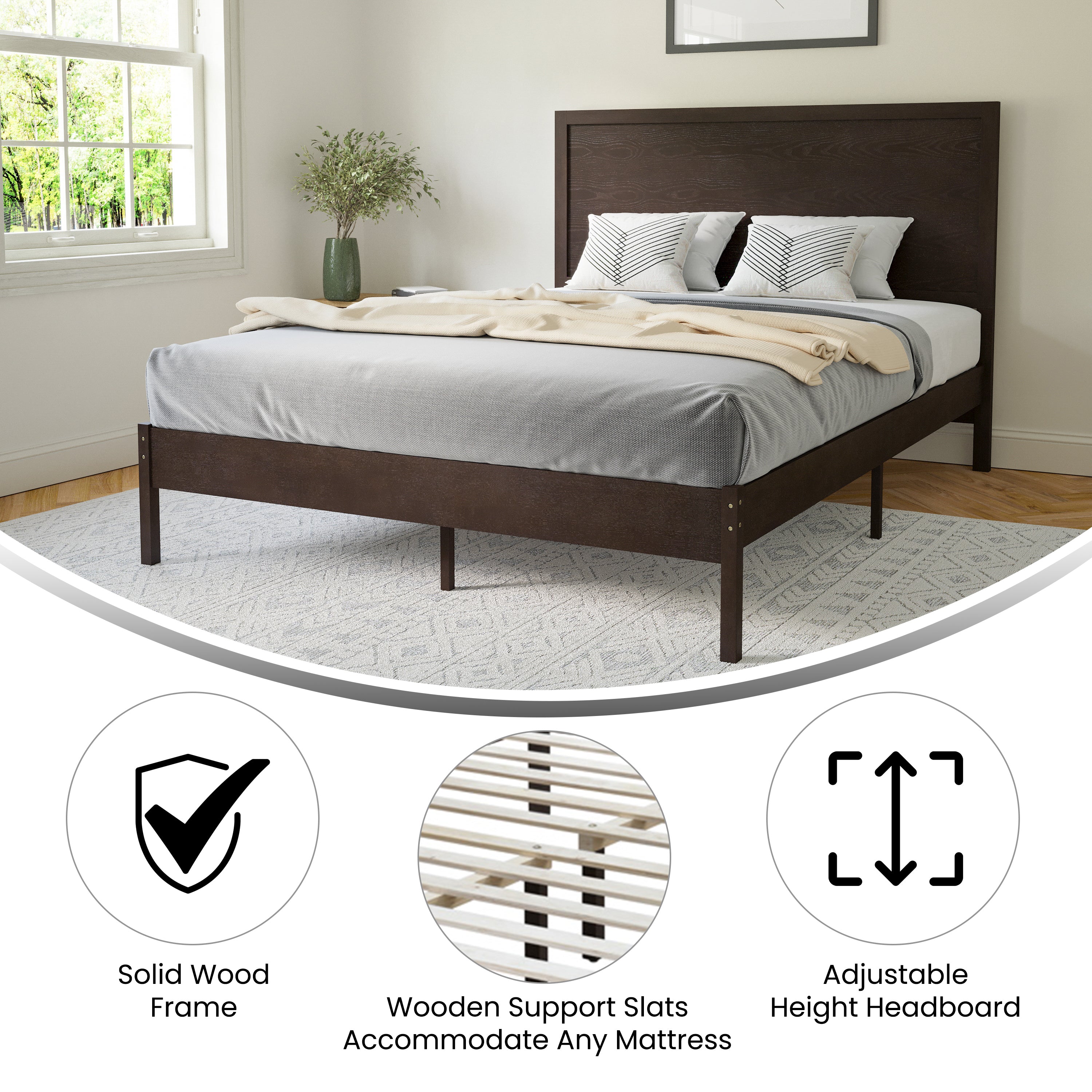 Asher Queen Size Solid Wood Platform Bed with Wooden Slats and Headboard, No Box Spring Needed, Dark Brown