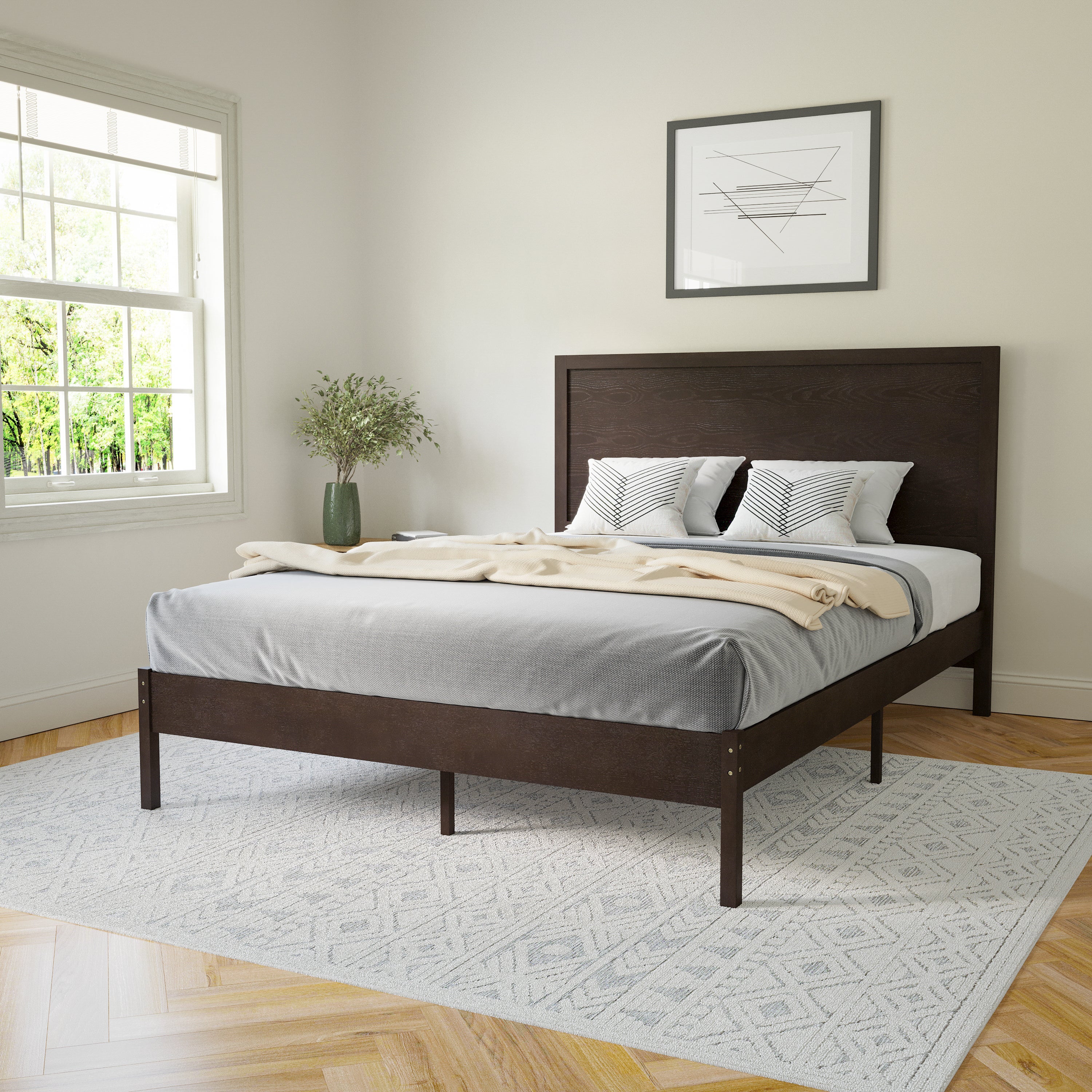 Asher Queen Size Solid Wood Platform Bed with Wooden Slats and Headboard, No Box Spring Needed, Dark Brown